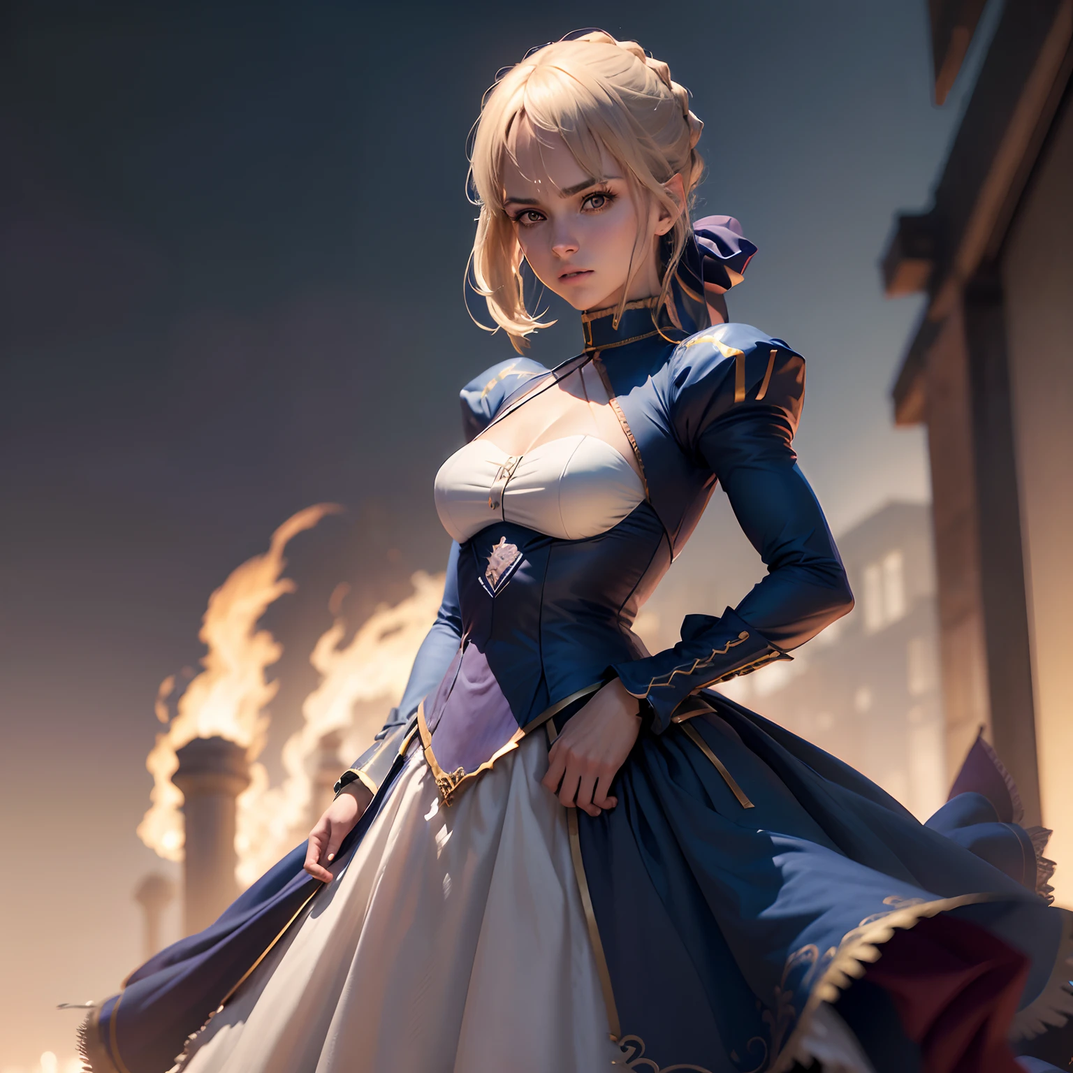 ((Personagem hyper realista)), (Saber de 20 anos), Grande Ordem do Destino, defronte/corpo inteiro/, corpo perfeito, corpo intrincado, cabelo curto, cabelo loiro,/Hiper realista, qualidade extrema, maximum details, max quality, Hyper realistic Cinematic lighting/