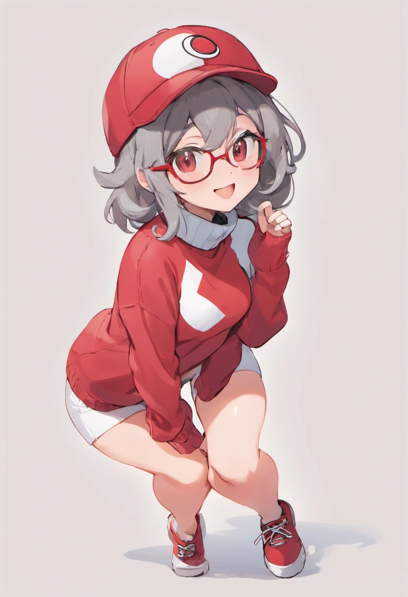 Grinning,baseball cap,red baseball cap.Push forward with your right hand,short white pants,The area is urban,Turtleneck knitwear,Red glasses,A high resolution, 1womanl,Stretch your right arm forward pose, 独奏,Pokéball in hand, Tea-red eyes, brown hair,short detailed hair, Gray transparent glasses,red baseball cap, Red knitted turtleneck sweater,longer sleeves, White shorts, thongs, stadio, spheres, Bad face, Reach out and hold the Poké Ball, put hands on the hip,