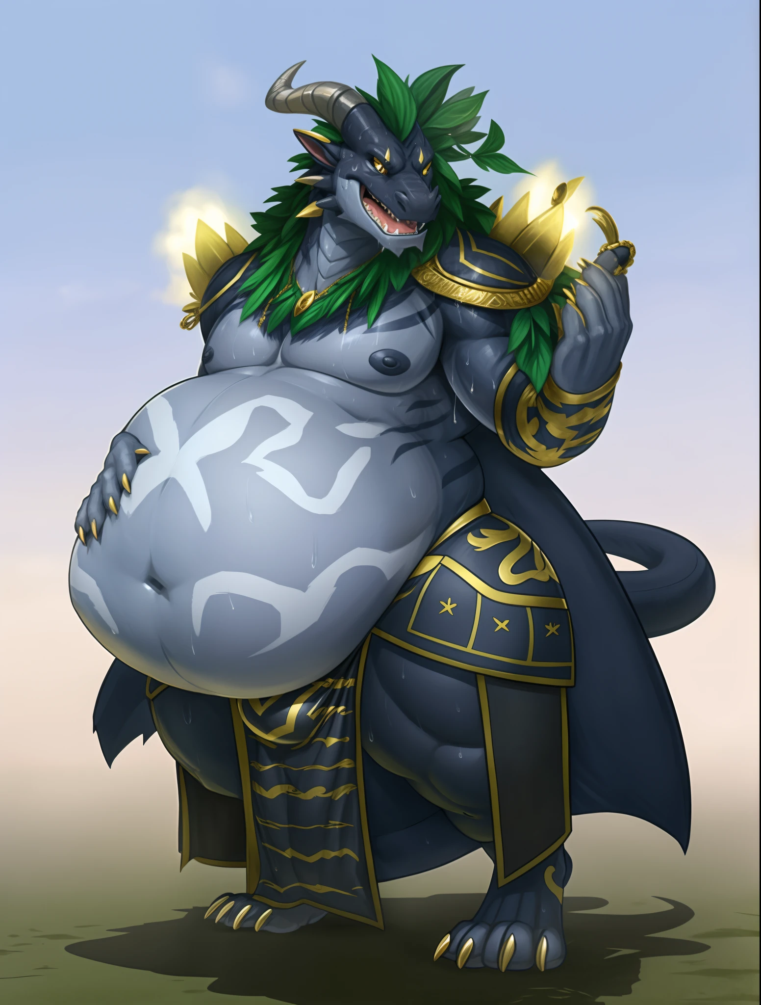 Bulge growth, black anthro dragon, gold accents, gold stripes, sweating, sweat, grey belly, fat, growing belly, belly, big navel, 3 toes