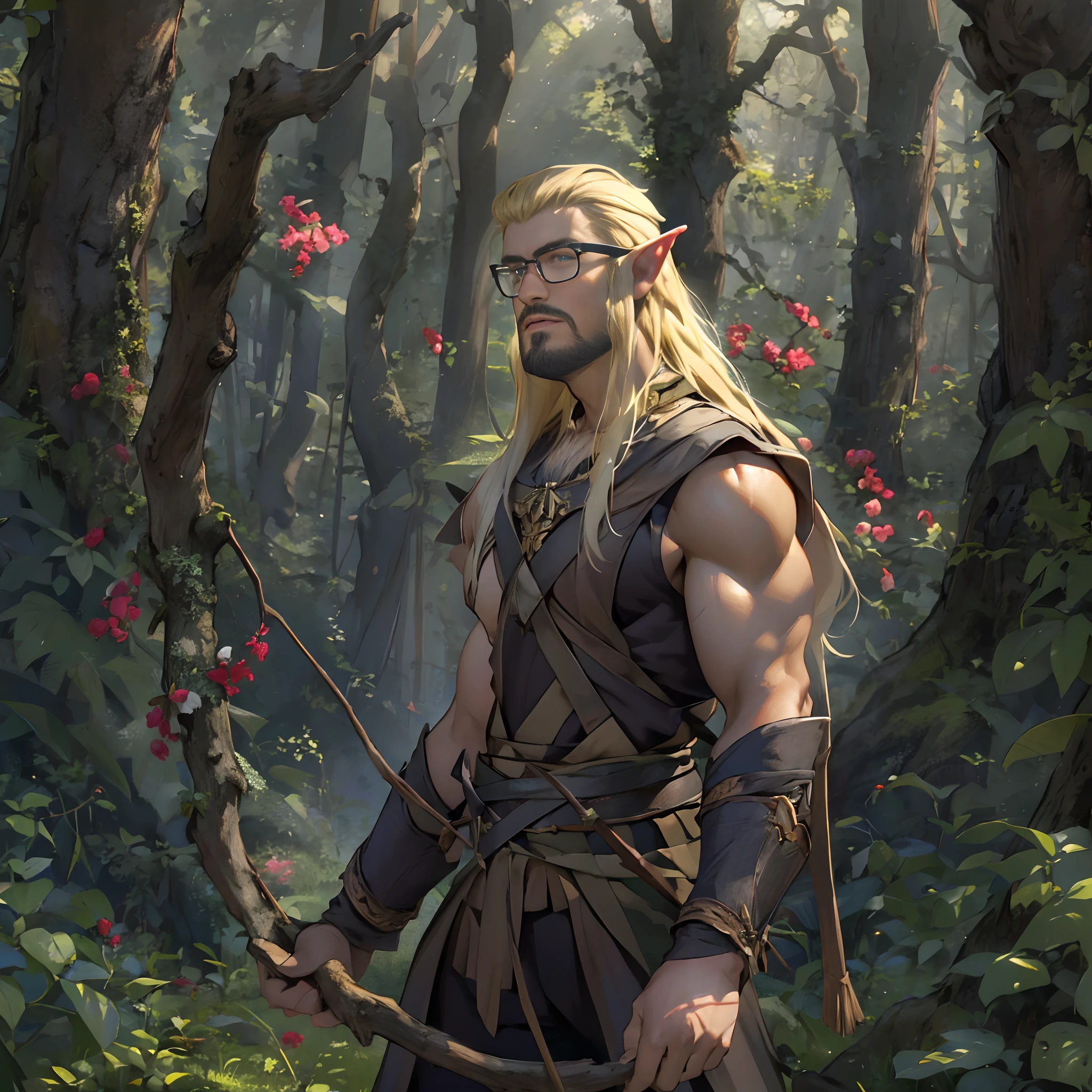 David, male elf, elven glasses, elf archer clothes, long blonde hair, black beard, elf ears, elven physique, in a forrest, good anatomy, masterpiece, holding a bow