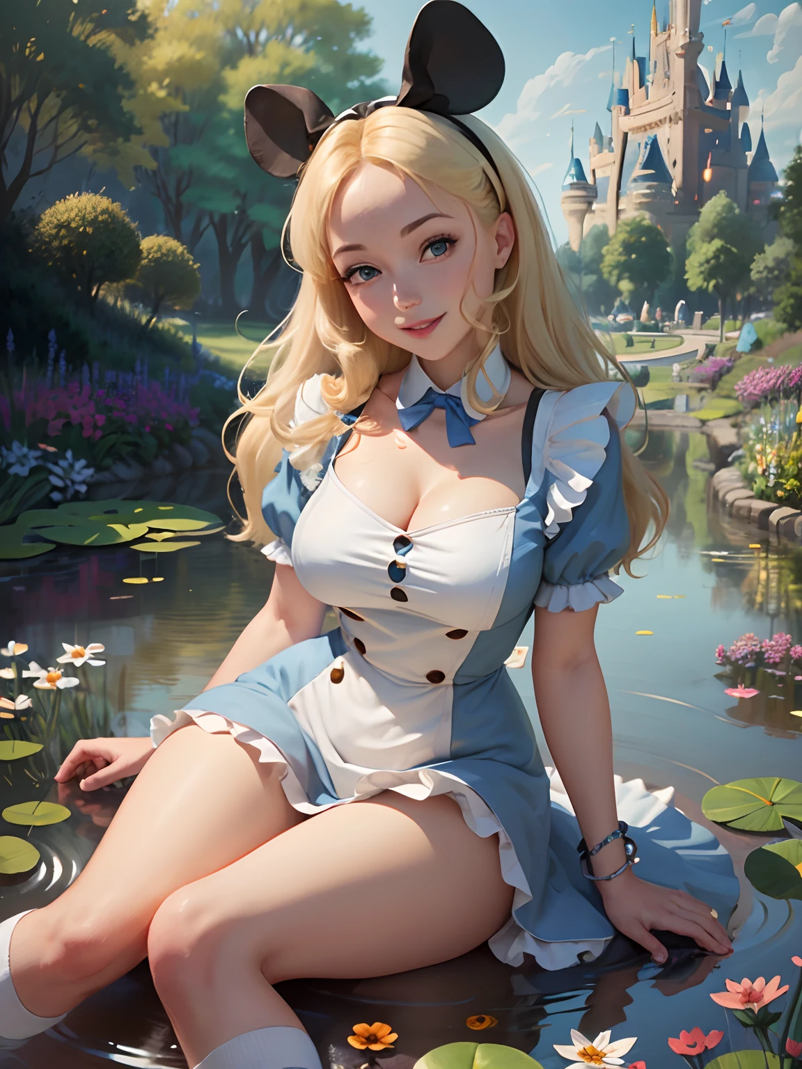 (masterpiece), (best quality), (extremely detailed), alice liddell, blue dress, white apron, black hairband, white long socks, cute pose, in a flower garden, (pond), (((disney castle at the background))), (blue sky), (sunny day), 3d. Illustration, Good Highlights, Perfect Proportions, dynamic, Professional, Award winning, (high detailed skin), (high detailed face), photorealistic, HDR, ultra highres, absurdres, perfect body shape, cute smiling, realistic figure, sexy posing, teaser lying down, perfect breast, bunny, cute little animal