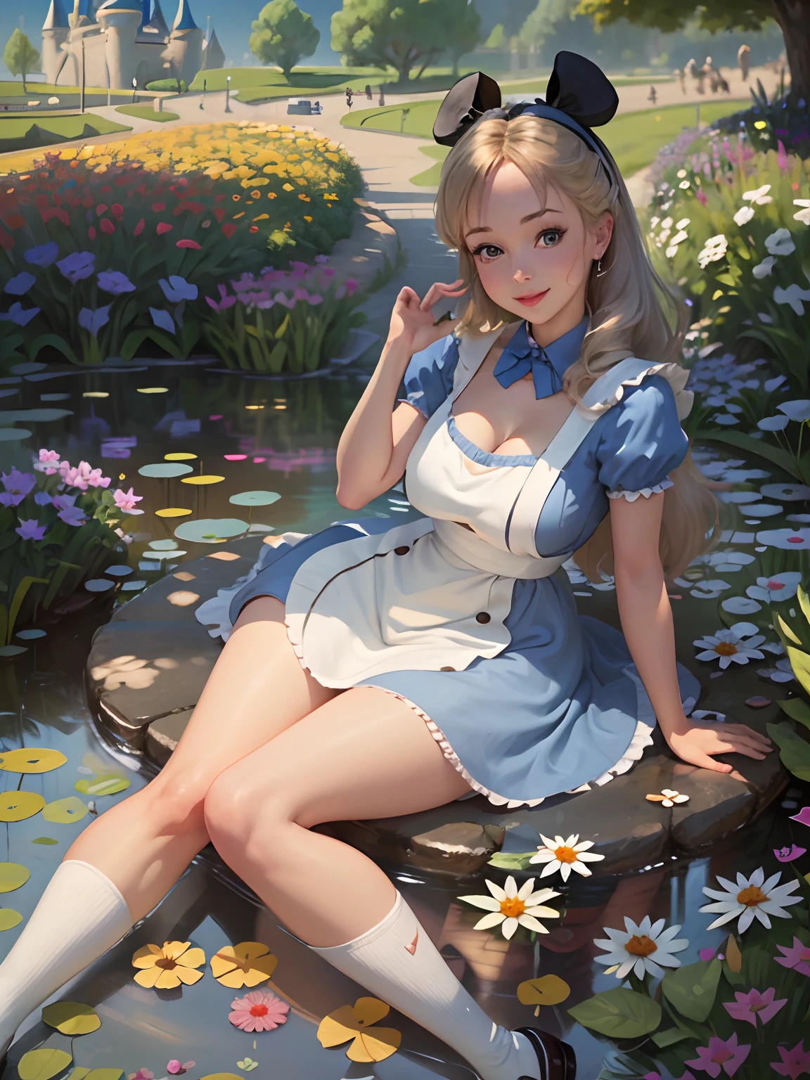 (masterpiece), (best quality), (extremely detailed), alice liddell, blue dress, white apron, black hairband, white long socks, cute pose, in a flower garden, (pond), (((disney castle at the background))), (blue sky), (sunny day), 3d. Illustration, Good Highlights, Perfect Proportions, dynamic, Professional, Award winning, (high detailed skin), (high detailed face), photorealistic, HDR, ultra highres, absurdres, perfect body shape, cute smiling, realistic figure, sexy posing, teaser lying down, perfect breast, bunny, cute little animal