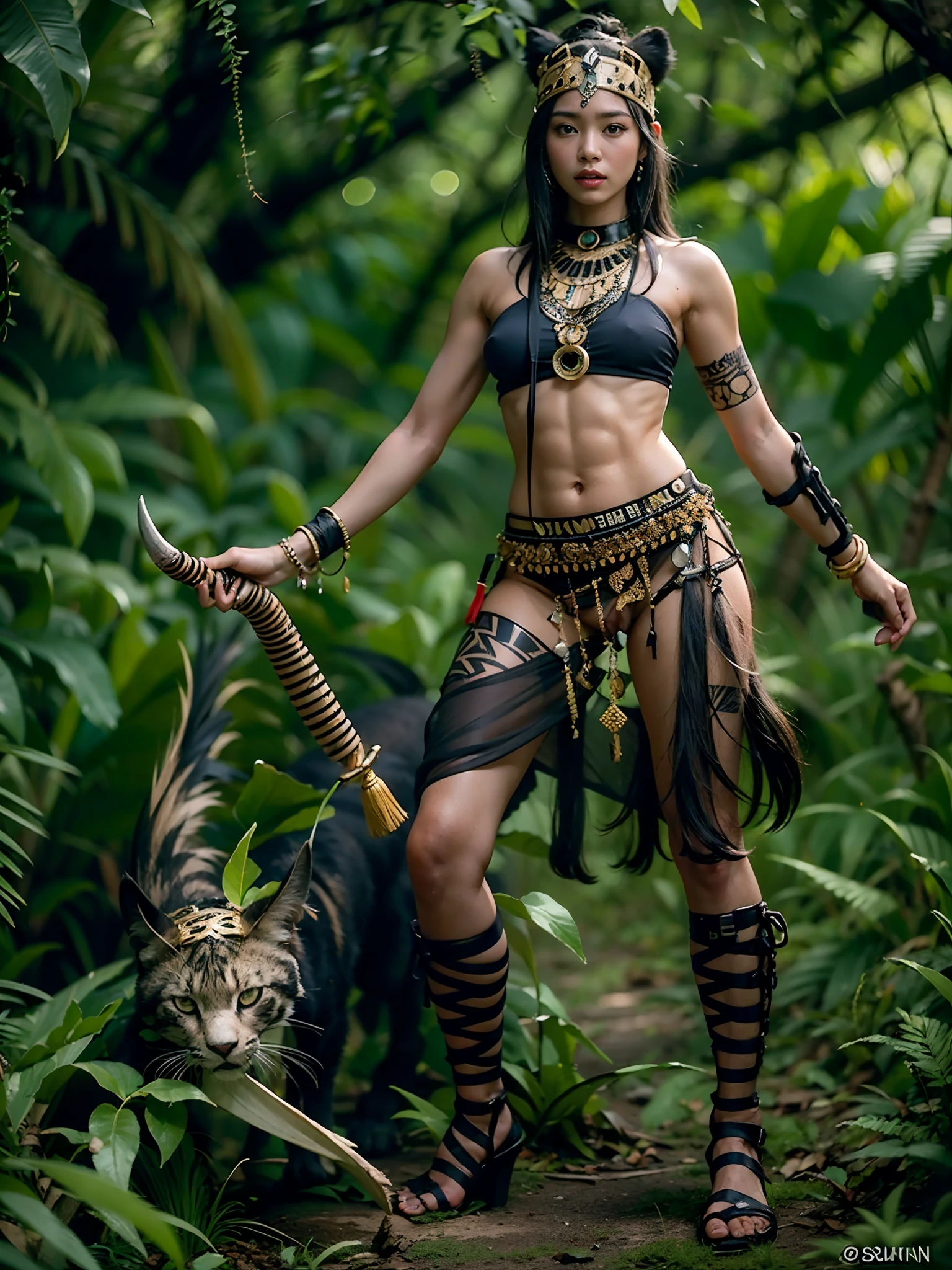 1 age Borneo Indigenous Girl, (((Slender Abs:1.2))), Wearing tribal headdresses and hunting gear, Hero pose standing naked with big and angry black panther, (((NSFW:1.5))), Show genitals, Battle Scar Cover, tribal tattoos, No upper and lower body in the dress, Open your legs wide to show your chest, Hyper realistic, Lifelike texture, Dramatic Lighting, nikon RAW photo, 8K, 富士XT3,Citrine Dream Mix, masutepiece, Best Quality, Realistic, Naked, Show , (Photorealistic:1.4), ultra-detailliert, entire body visible, (Highly detailed CG Unity 8k wallpaper,masutepiece, Best Quality, Ultra-detailed),(Best Illumination, Best Shadow, extremely delicate and beautiful), (Powerful and feminine), (jungle setting, depth of fields, The tree々Sunlight shines in from between, Leaves, verdant, Spirit Animal)