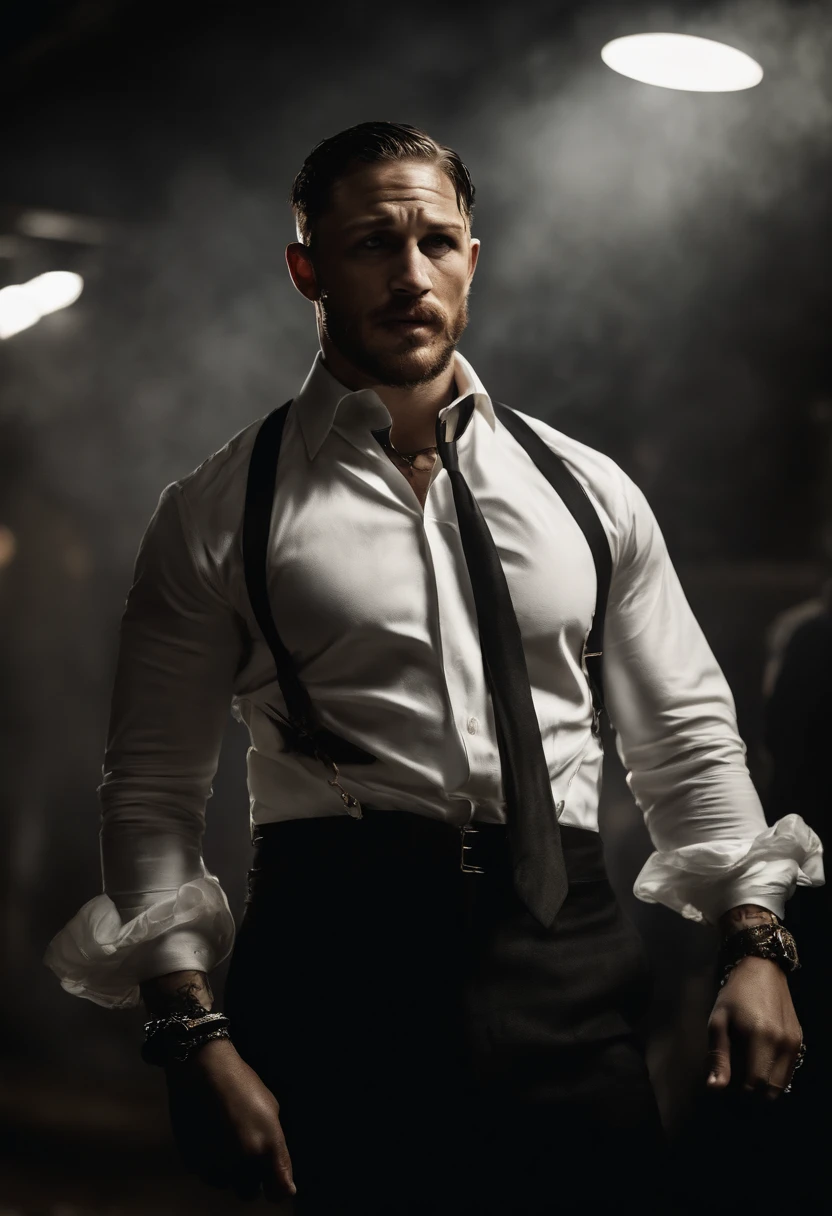 A Tom Hardy struggling for money,Dressed as a young gangster, Oil painting, Watching the sky smoke,eye closeds,Harsh brushstrokes, Dramatic lighting, Intense expression, Determined eyes, Clenched fists, Sweat dripped down his face, Ruffled suit, broken chain, Crumbling dollar bills, Crumbling stock market charts, smoke in the background, Black and white with a touch of gold, Realism. (Best quality, A high resolution, Ultra-detailed), (Realistic:1.37), professional, Vivid colors.