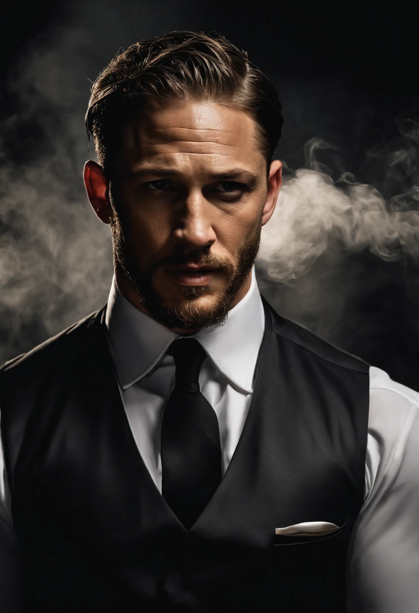 A Tom Hardy struggling for money，Dressed as a young gangster, Oil painting, Watching the sky smoke，eye closeds，Harsh brushstrokes, Dramatic lighting, Intense expression, Determined eyes, Clenched fists, Sweat dripped down his face, Ruffled suit, broken chain, Crumbling dollar bills, Crumbling stock market charts, smoke in the background, Black and white with a touch of gold, Realism. (Best quality, A high resolution, Ultra-detailed), (Realistic:1.37), professional, Vivid colors.