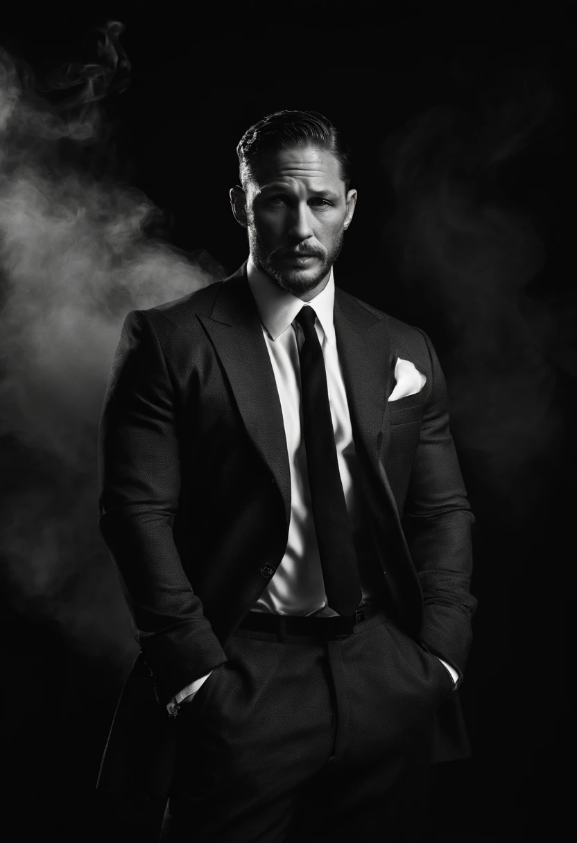 A Tom Hardy struggling for money,Dressed as a young gangster, Oil painting, Watching the sky smoke,eye closeds,Harsh brushstrokes, Dramatic lighting, Intense expression, Determined eyes, Clenched fists, Sweat dripped down his face, Ruffled suit, broken chain, Crumbling dollar bills, Crumbling stock market charts, smoke in the background, Black and white with a touch of gold, Realism. (Best quality, A high resolution, Ultra-detailed), (Realistic:1.37), professional, Vivid colors.