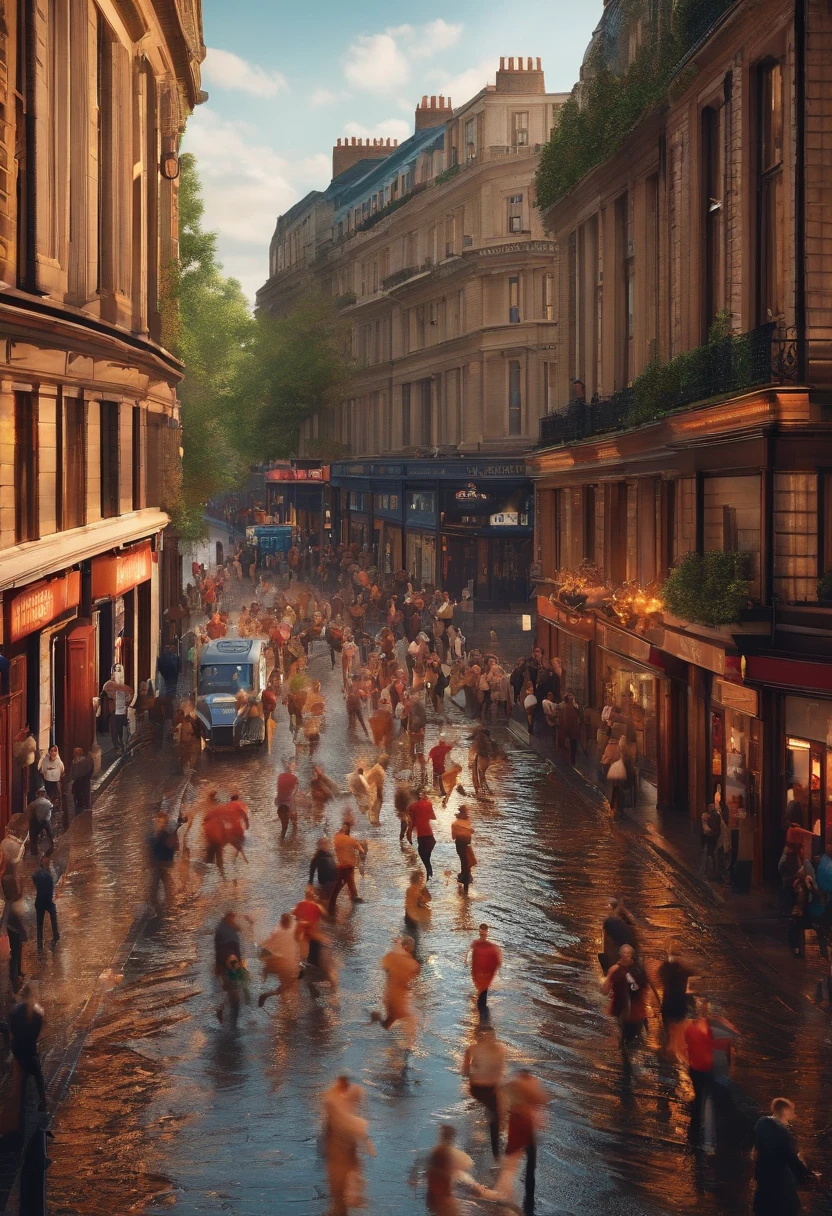 An animation showing people running to escape the beer flood in the streets of London