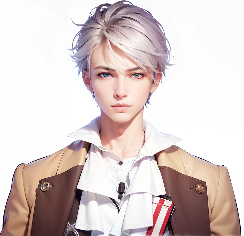 masculine male, masterpiece, ((perfect eyes)) best quality, (semirealism:1.9), beautiful lighting, (extremely detailed CG unity 4k fhd wallpaper), High Detail, Sharp focus, dramatic outdoors, 1 boy ,19 years old, white hair, light purpel eyes, smile.