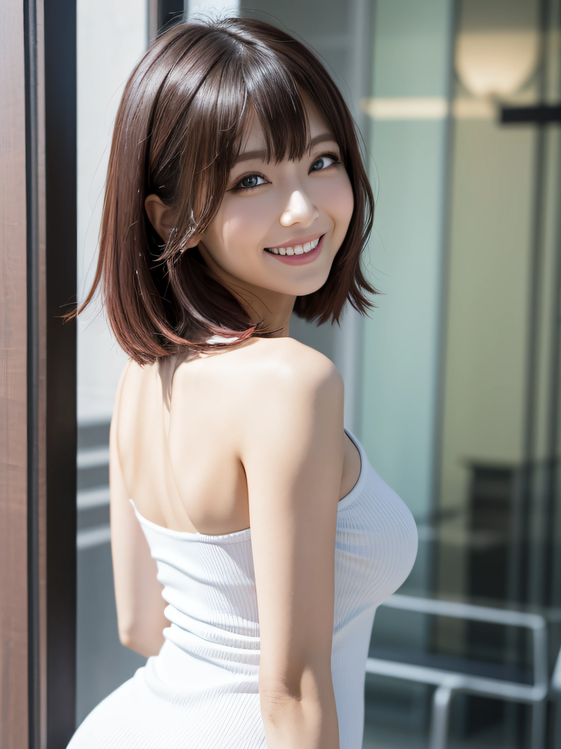 1girl in, Bethel, Blue eyes, Bare shoulders, breasts, medium breasts, Short hair, Maroon hair, Hair over one eye, Bangs, gloves, Sleeveless, Solo, Shirt, Fingerless gloves, White shirt, Sleeveless shirt, arms behind back, off shoulders, Smile, (masutepiece), (Best Quality), (ultra-detailliert), Indoors, Simple background, Blue flowers,
