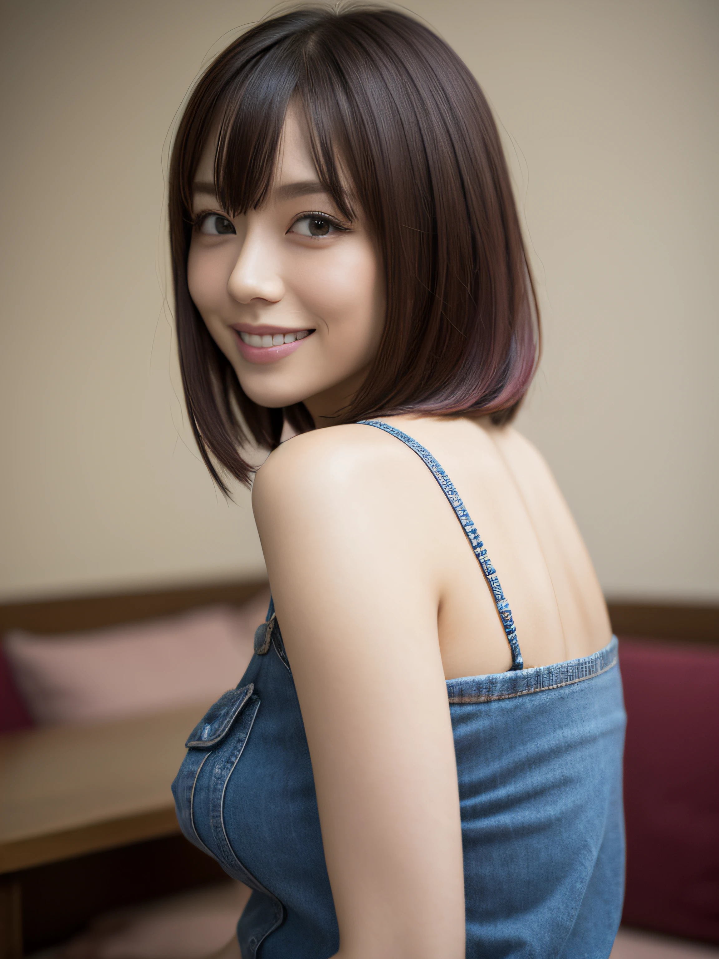 1girl in, Bethel, Blue eyes, Bare shoulders, breasts, medium breasts, Short hair, Maroon hair, Hair over one eye, Bangs, gloves, Sleeveless, Solo, Shirt, Fingerless gloves, White shirt, Sleeveless shirt, arms behind back, off shoulders, Smile, (masutepiece), (Best Quality), (ultra-detailliert), Indoors, Simple background, Blue flowers,