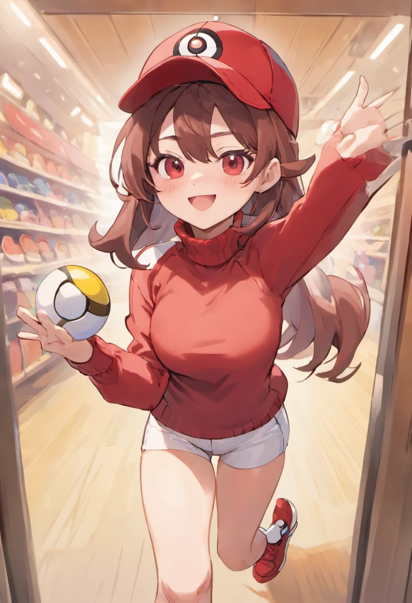 Grinning,baseball cap,red baseball cap.Push forward with your right hand,short white pants,The area is urban,Turtleneck knitwear,Red glasses,A high resolution, 1womanl,Stretch your right arm forward pose, 独奏,Pokéball in hand, Tea-red eyes, brown hair,short detailed hair,red baseball cap, Red knitted turtleneck sweater,longer sleeves, White shorts, thongs, stadio, spheres, Bad face, Reach out and hold the Poké Ball