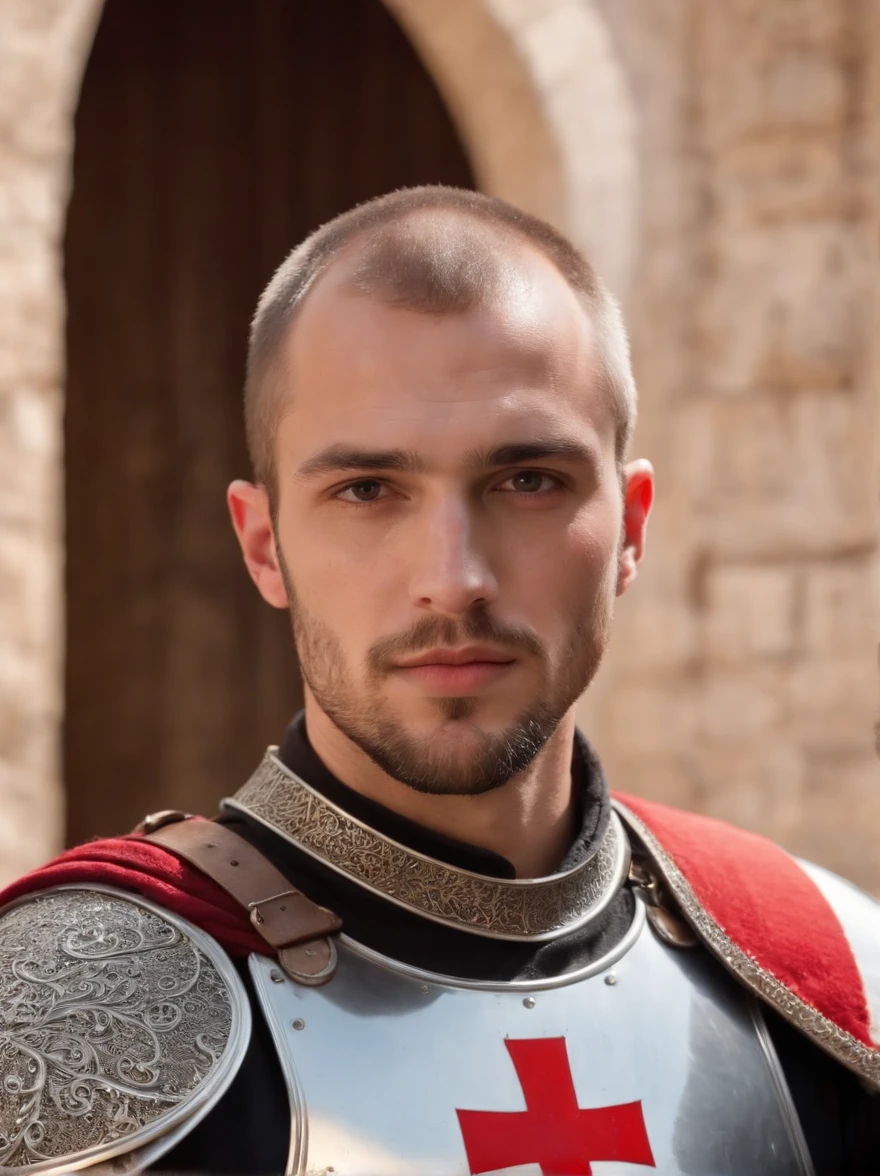 Highest quality, cinematic shot, photo of a (tough christian male Crusader of The Knights Templar), detailed facial features, buzz cut hair, long beard, serious expression, looking at viewer, (wearing lewd steel plate armor, red  cross patte on his chest:1.4), guarding a holy Christian temple in 1300s Jerusalem, toned body, muscled figure, V shaped, athletic, (detailed skin), fine details, natural lighting, sunlight, warm weather, [shadows], photographed on a Nikon D850, 50mm F/5.6 lens, ISO 100, HDR, 8k, highly detailed, sharp focus, Cinestill 800T, film still from Kingdom of Heaven, front view, eye focus, (full body:0.9)