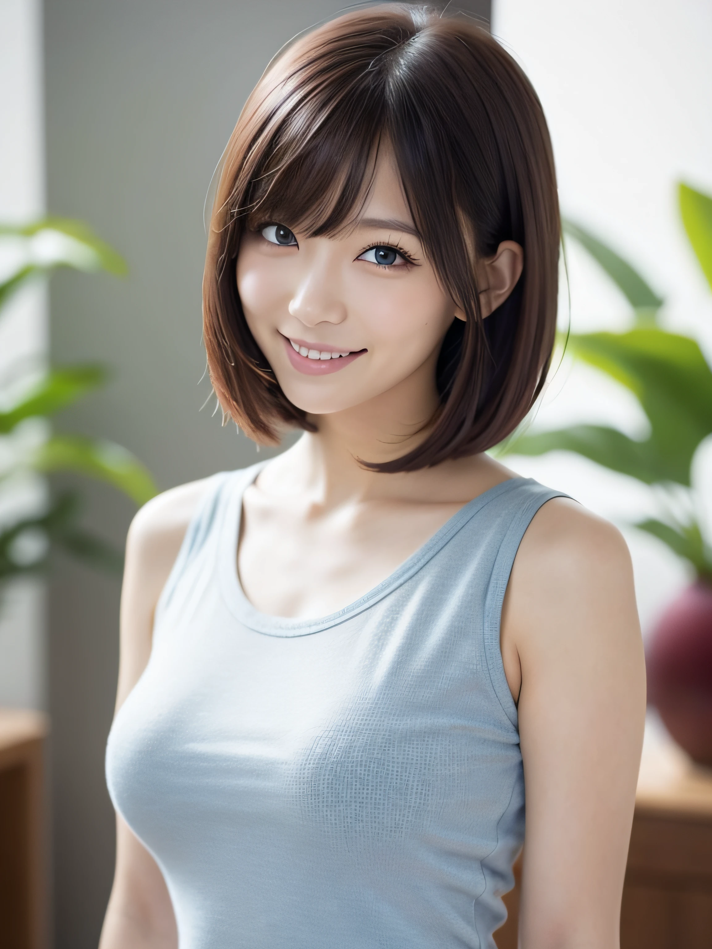 (8K、top-quality、​masterpiece:1.2)、(reallistic、Photorealsitic:1.2)（ultra-detailliert、hight resolution）downbrouse、(leaning-forward:1.3)、(oversize tshirt、Loose-fitting T-shirt、Low Cut T-Shirt:1.2)、(top-quality、8K、32K、​masterpiece)、(Detailed bra)、japanes、22year old、Very pretty girl、a beauty girl、crouching down、Bright smile、s Office、office workplace、shinny skin、blurry backround、short-cut、Upper body close-up、Shot from above