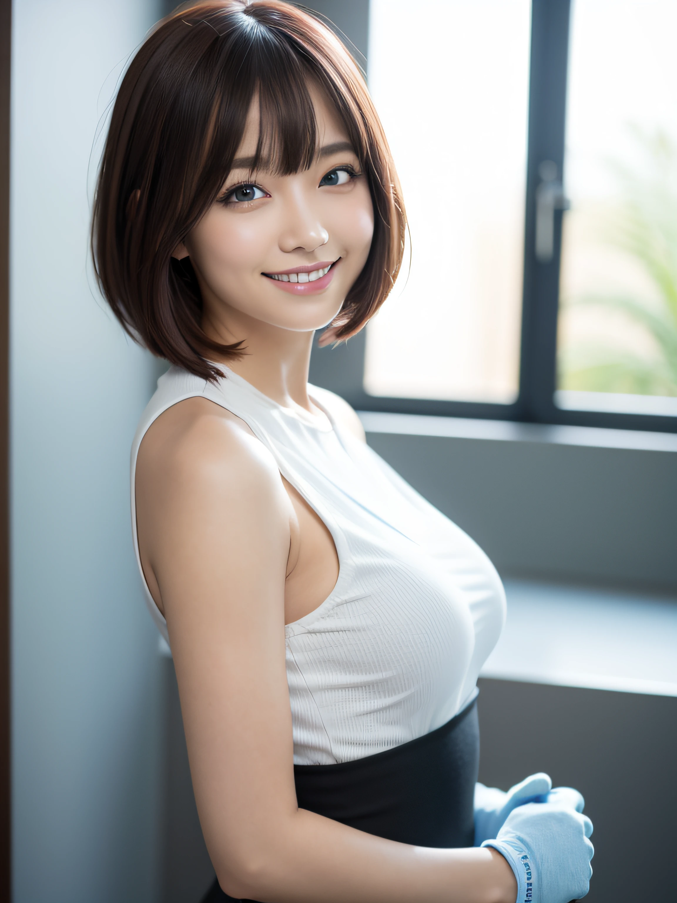 (RAW shooting:1.2)、(Photorealsitic:1.4)、(masterpiece:1.3)、(top-quality:1.4)、japanese beautiful woman、(large full breasts:1.3)、beauty breast、(cleavage of the breast)、(erectile nipple:1.2)、(cheer girl:1.5)、a miniskirt、beautiful eyes finely detailed、eye lashes、beautiful double eyelid、eyeshadows、Perfect eye makeup、(Smile full of happiness:1.4)、Beautiful and thin legs、(Perfect body shape beauty: 1.2)、(The skirt is flipped up and the panties are visible.:1.3)、(Short Bob:1.2)、fluffy hair、stadio、Daytime、Sexy navel、Skinny Legs、tthin eyebrows、Tear bag、lofty nose、(extemely sexy:1.2)、(to jump:1.2)、bokeh dof、