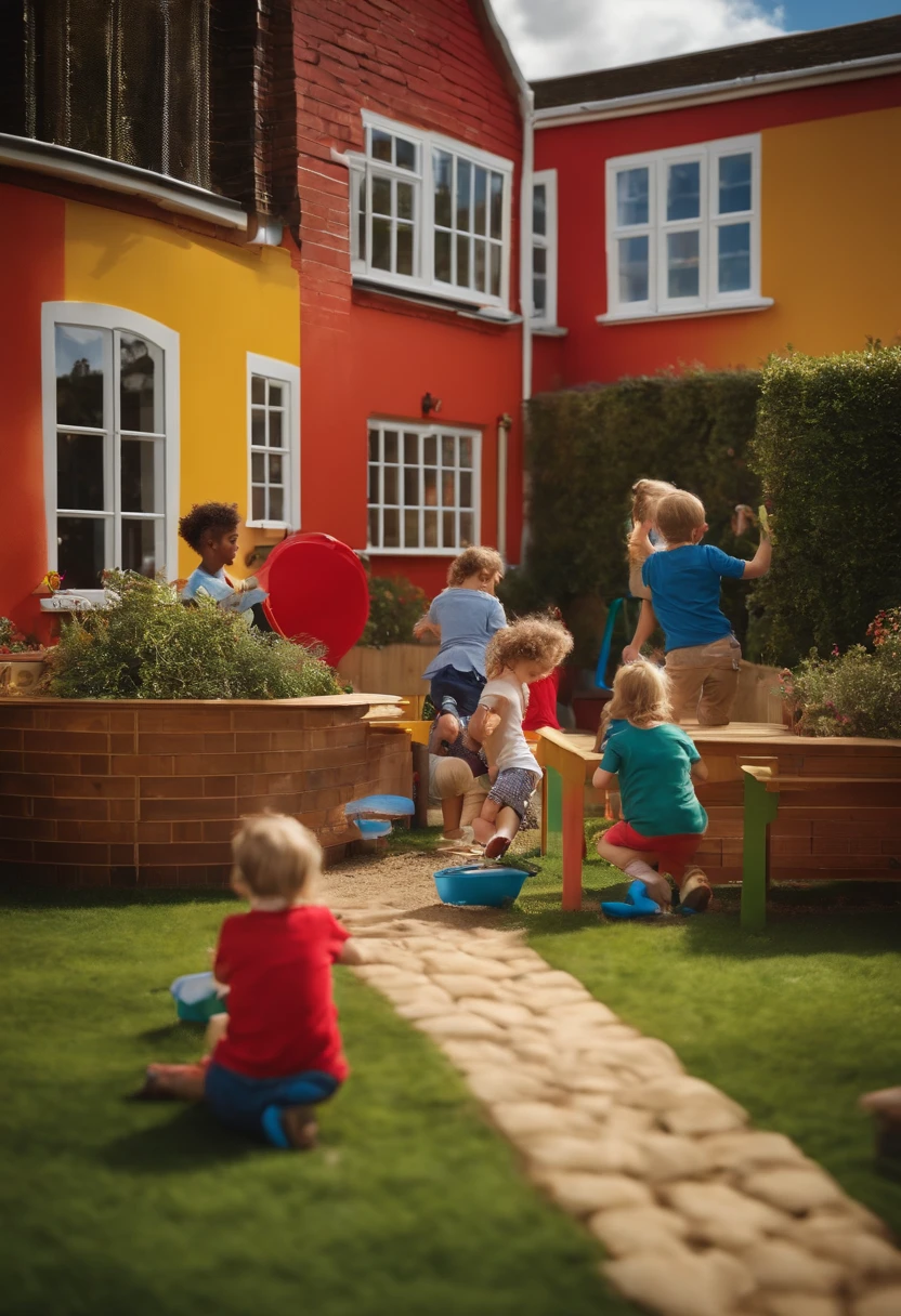 An image of the exterior of a British preschool with children playing can be displayed.