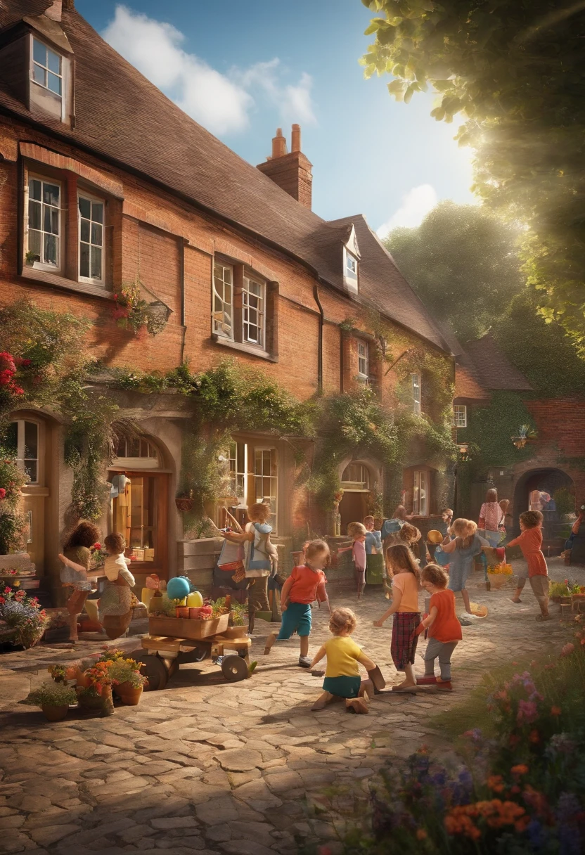 An image of the exterior of a British preschool with children playing can be displayed.