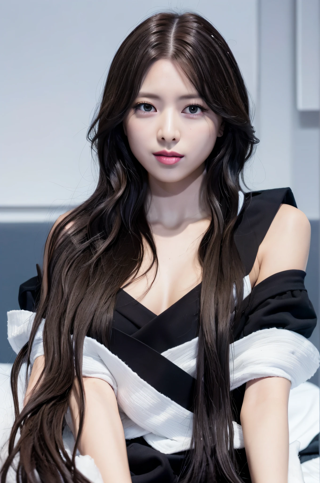 best quality, photorealistic, 8k, high res, ultra-detailed eyes, 1girl, full body shot, slim slender body, small breasts, on the bed, natural sunlight, full nude body, eyes looking at the viewer, black wavy hair, photorealistic, Yuna, hairy pussy