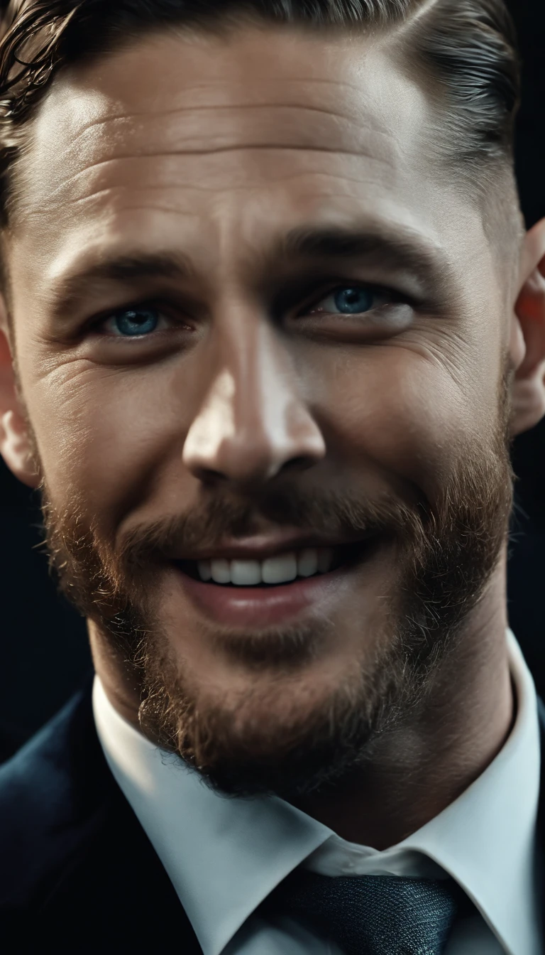 Detailed image of happiness, Young Tom Hardy smiled with his eyes open ,The look of a big guy in a suit and tie, 8K definition, Photorealistic rendering, Rich colors, using Cinema 4D.