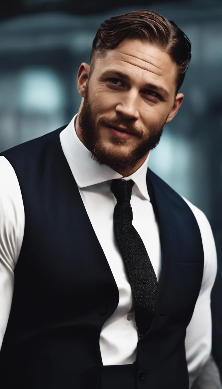 Detailed image of happiness, Young Tom Hardy smiled with his eyes open ,The look of a big guy in a suit and tie, 8K definition, Photorealistic rendering, Rich colors, using Cinema 4D.