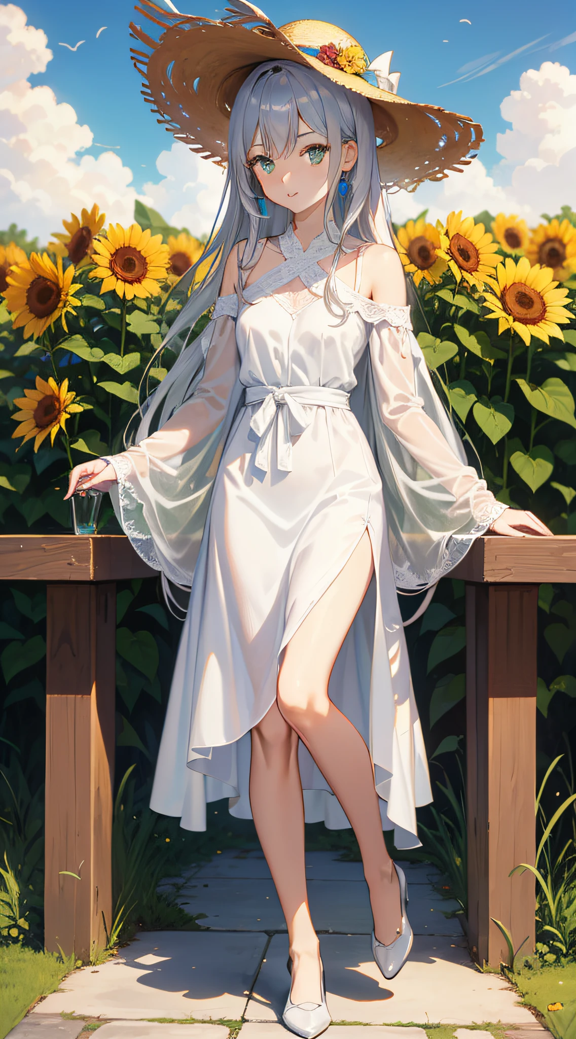 robe blanche，White canvas shoes，Mature girls，Long grey hair，Light green eyes，Wearing a straw hat，Sun flower，adolable，vivaciousness