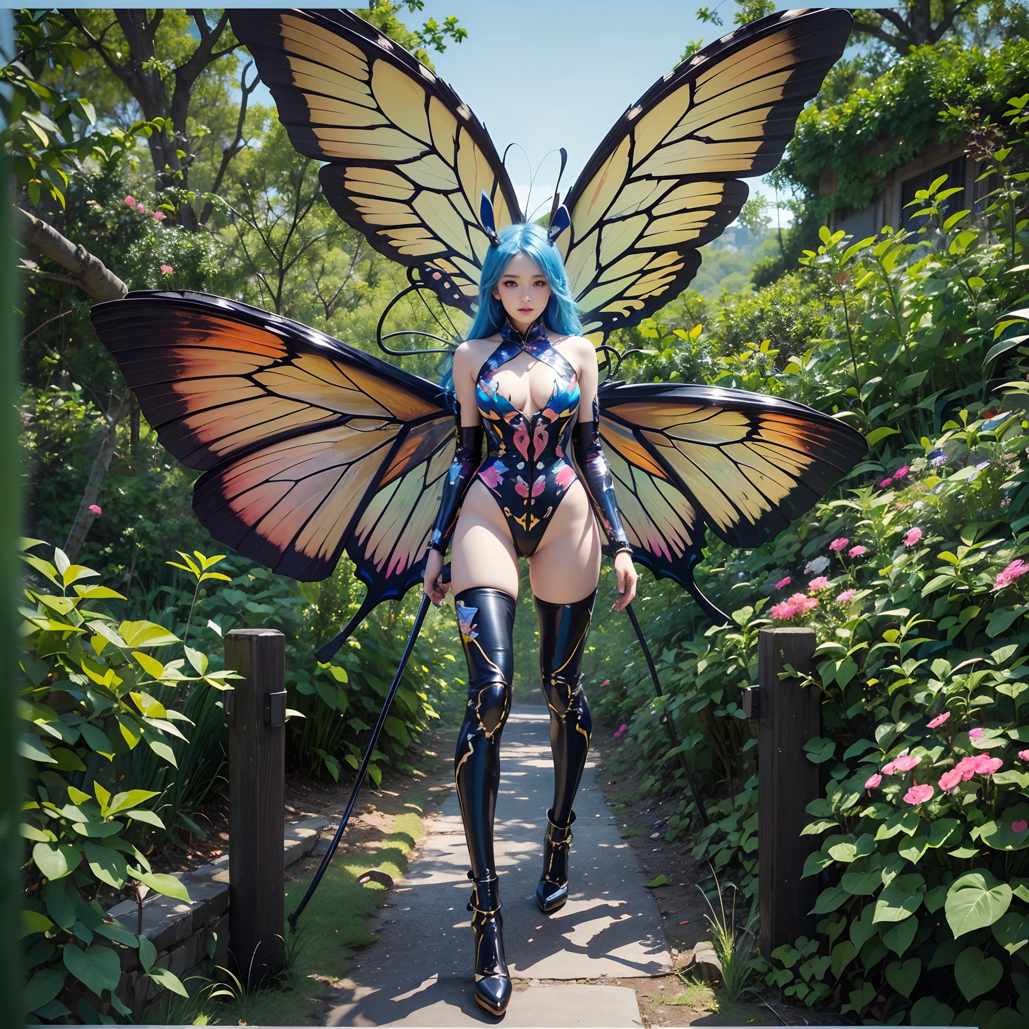 (wide wide shot)，(Best quality,4K,8K,A high resolution,Masterpiece:1.2),Ultra-detailed,(Realistic,Photorealistic,photo-realistic:1.37),(Mechanical Woman)，((Huge butterfly wings)),Shiny metal skin,(Rabbit ears)，((Mechanical limbs)),(high-heels)。nigth,(facing at camera)，Peach blossom tree，standing on top of a mountain。Vibrant colors。Science fiction art style.