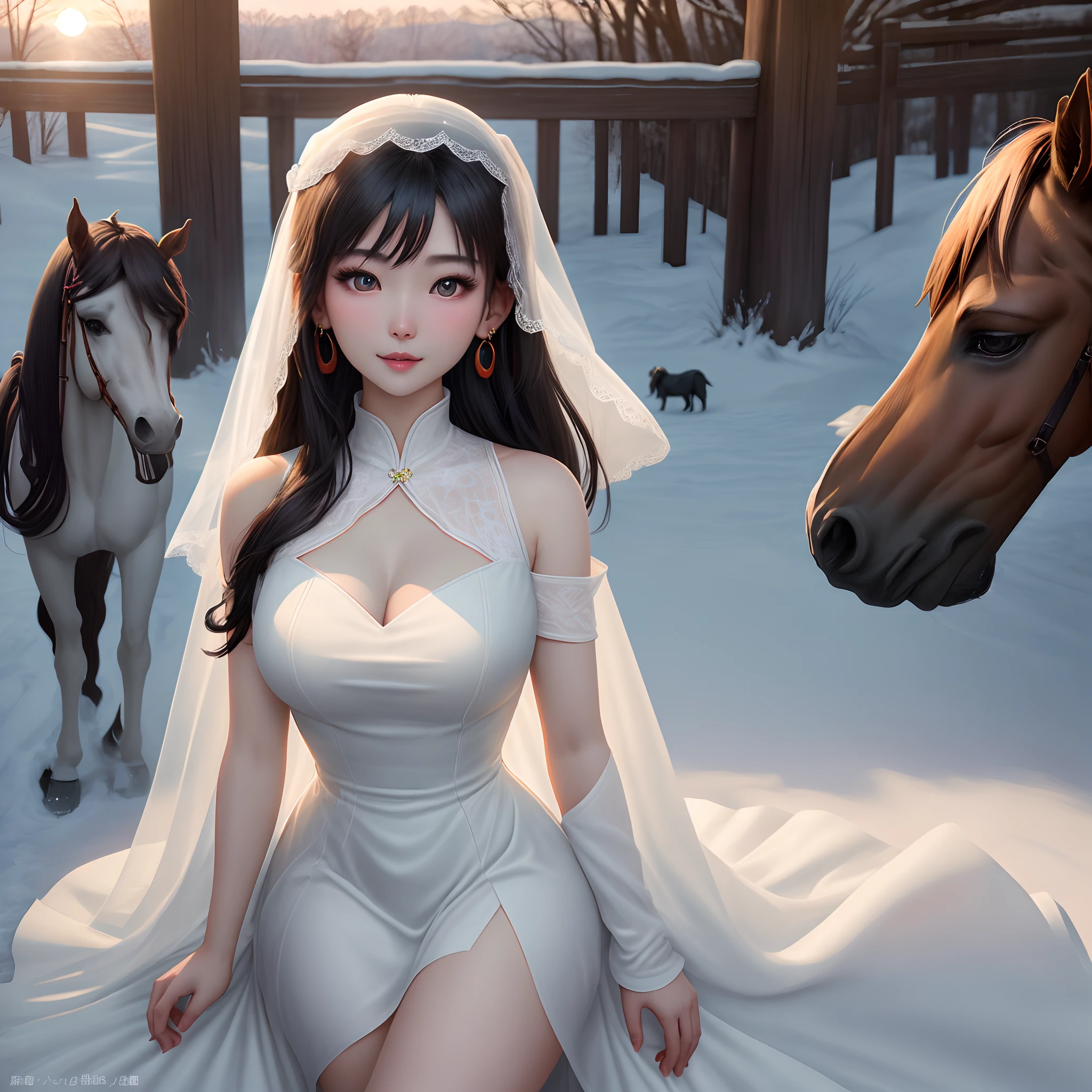 The girl's eyes in front of her are bright,The chest is bulging,Slender and tall,The two long legs show a straight and slender silhouette。
With the breeze lifting the veil,Revealing the girl's jade-like chin,and Yin Hong's alluring cherry little mouth,It's thought-provoking...
Under her left ear,A fish-shaped carnelian earring hangs,Crystal magnificent,It glows rosy in the setting sun,It was as if the whole heaven and earth were colored。
She is dressed in a snow-white dress with exquisite workmanship,It shows a cold and noble temperament。
Horses in white,Beautiful people like jade。