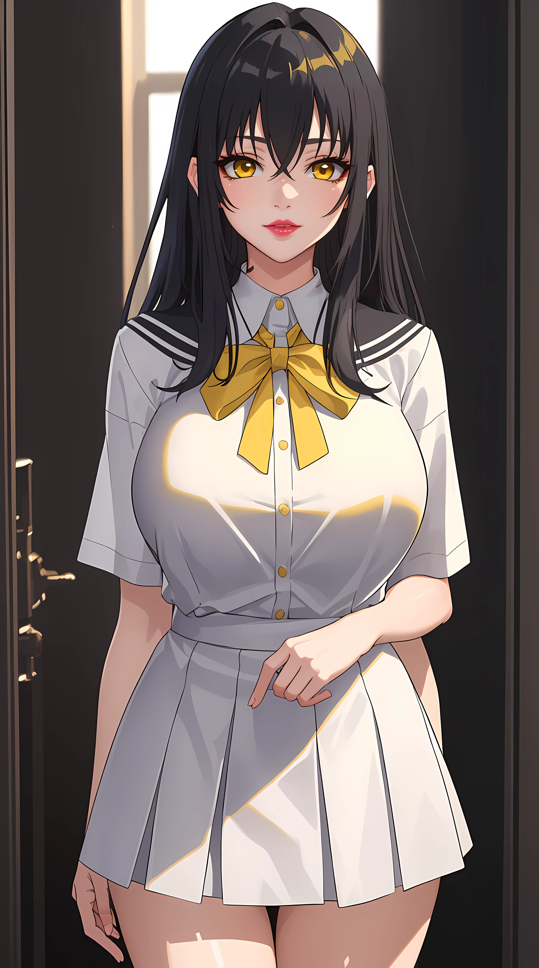 (masterpiece:1.4),(best quality:1.4), soft lighting, cinematic bloom, beautiful face, beautiful eyes, cowboy shot,
1girl, solo, female mature, black hair, long hair, (yellow eyes:1.4), large breasts, school outfit, white outfit, highschool, hair intakes, exquisite eyes detail, exquisite character design unity details 8k hdr, professional art, landscape, (solo:1.5, 1girl:1.4, cowboy shot:1.5), sexy body, milf, 35 years old girl, big thighs, sexy waist, happy smile