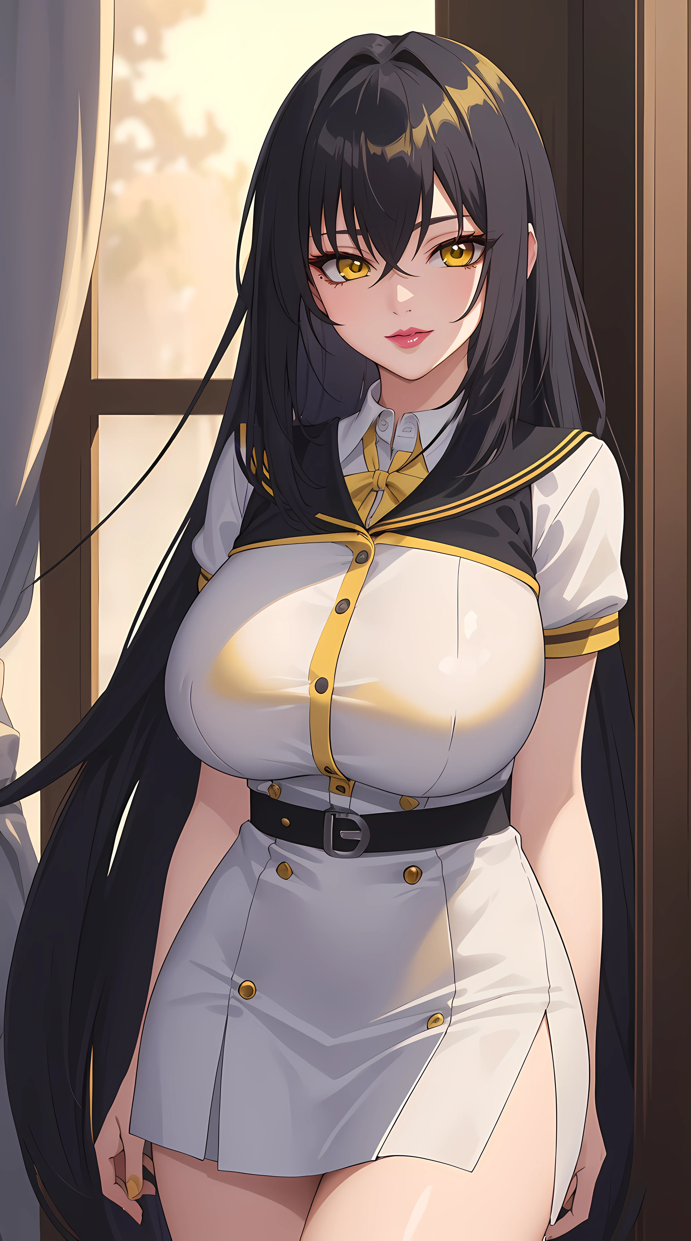 (masterpiece:1.4),(best quality:1.4), soft lighting, cinematic bloom, beautiful face, beautiful eyes, cowboy shot,
1girl, solo, female mature, black hair, long hair, (yellow eyes:1.4), large breasts, school outfit, white outfit, highschool, hair intakes, exquisite eyes detail, exquisite character design unity details 8k hdr, professional art, landscape, (solo:1.5, 1girl:1.4, cowboy shot:1.5), sexy body, milf, 35 years old girl, big thighs, sexy waist, happy smile