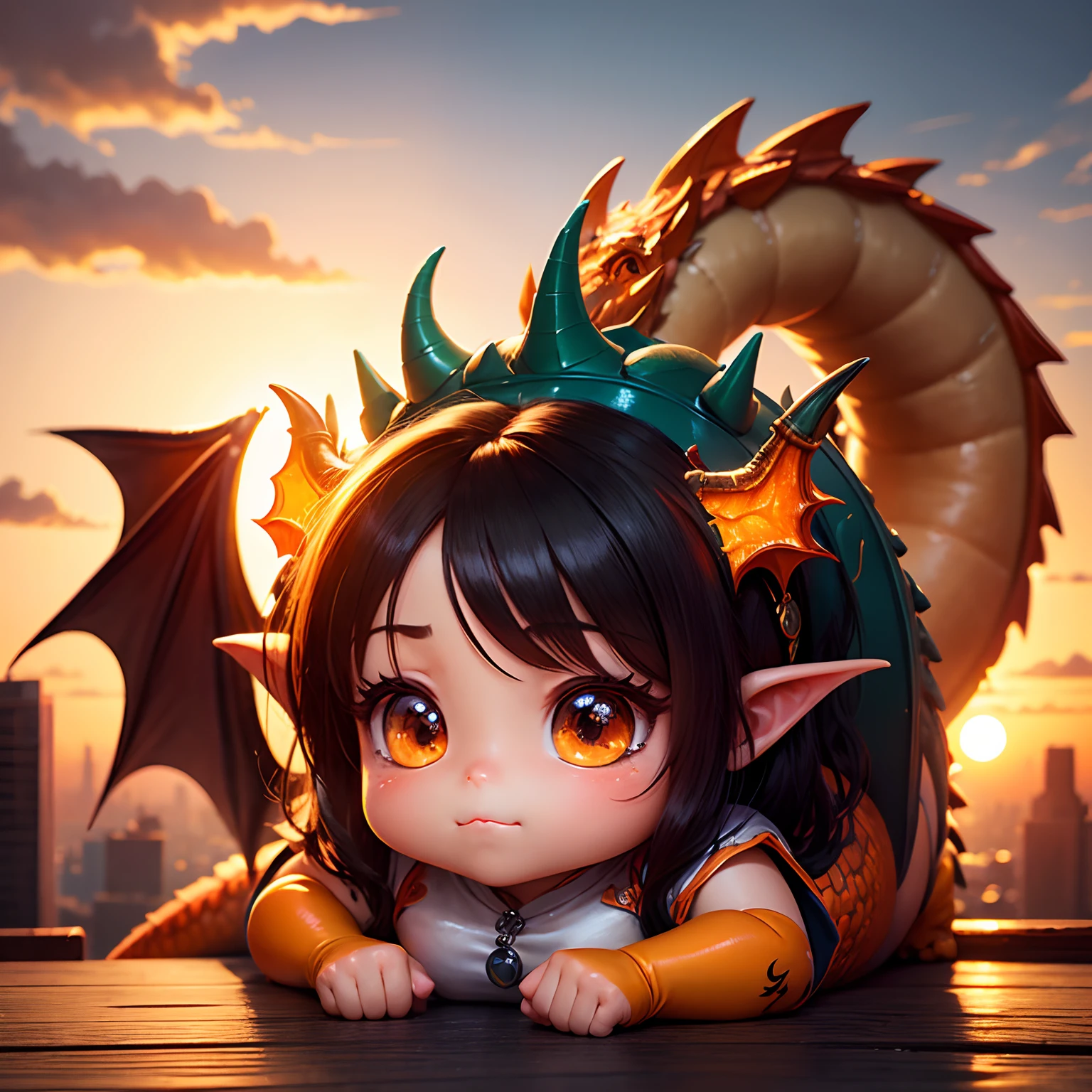 ​masterpiece、top-quality、ultra-detailliert、(Chibi Dragon:1.2)、Orange scales、Spit out orange flames、down town、Sparkling sunset