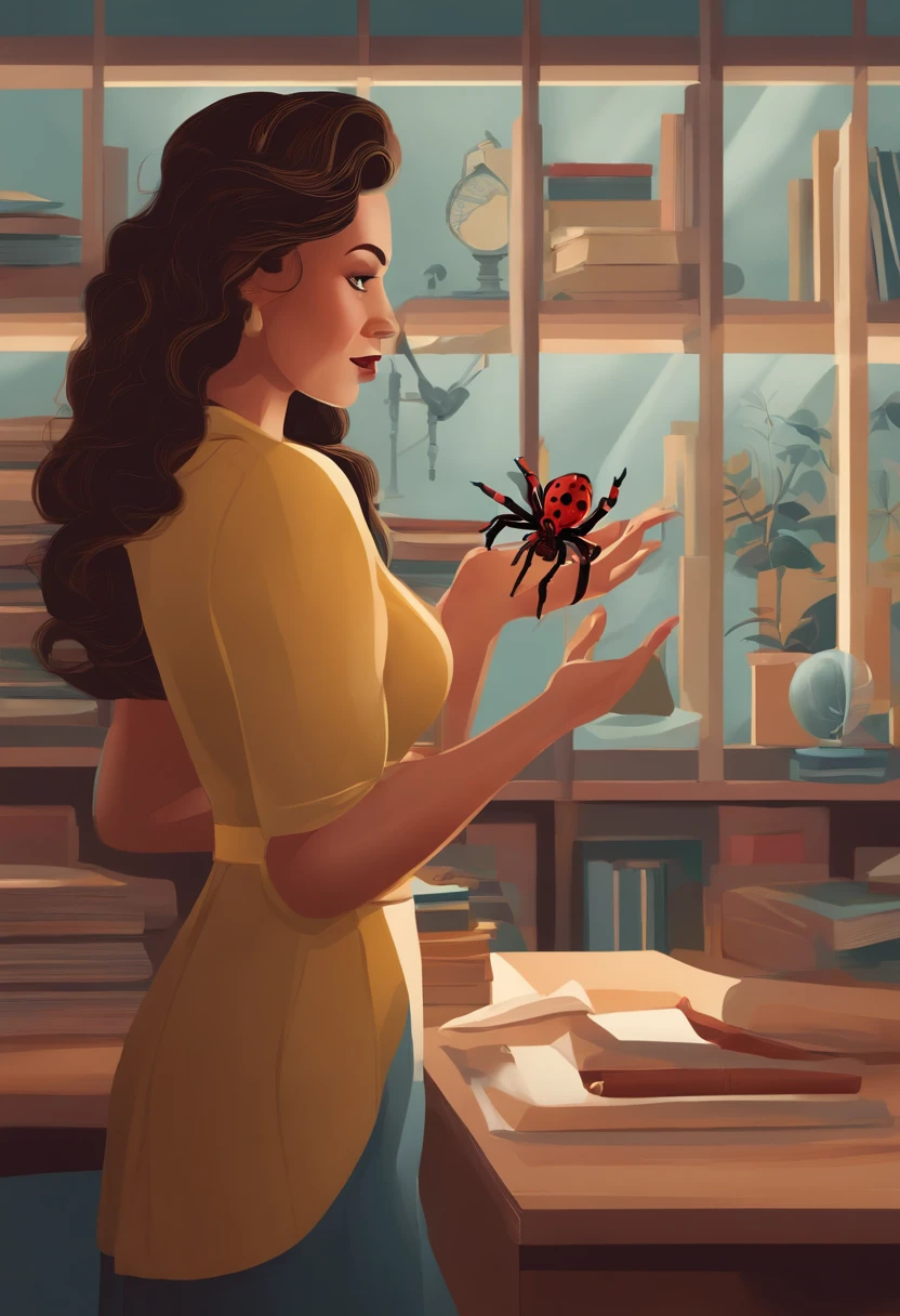 An illustration of a teacher holding a small plastic spider in her hand, Air alarmed.