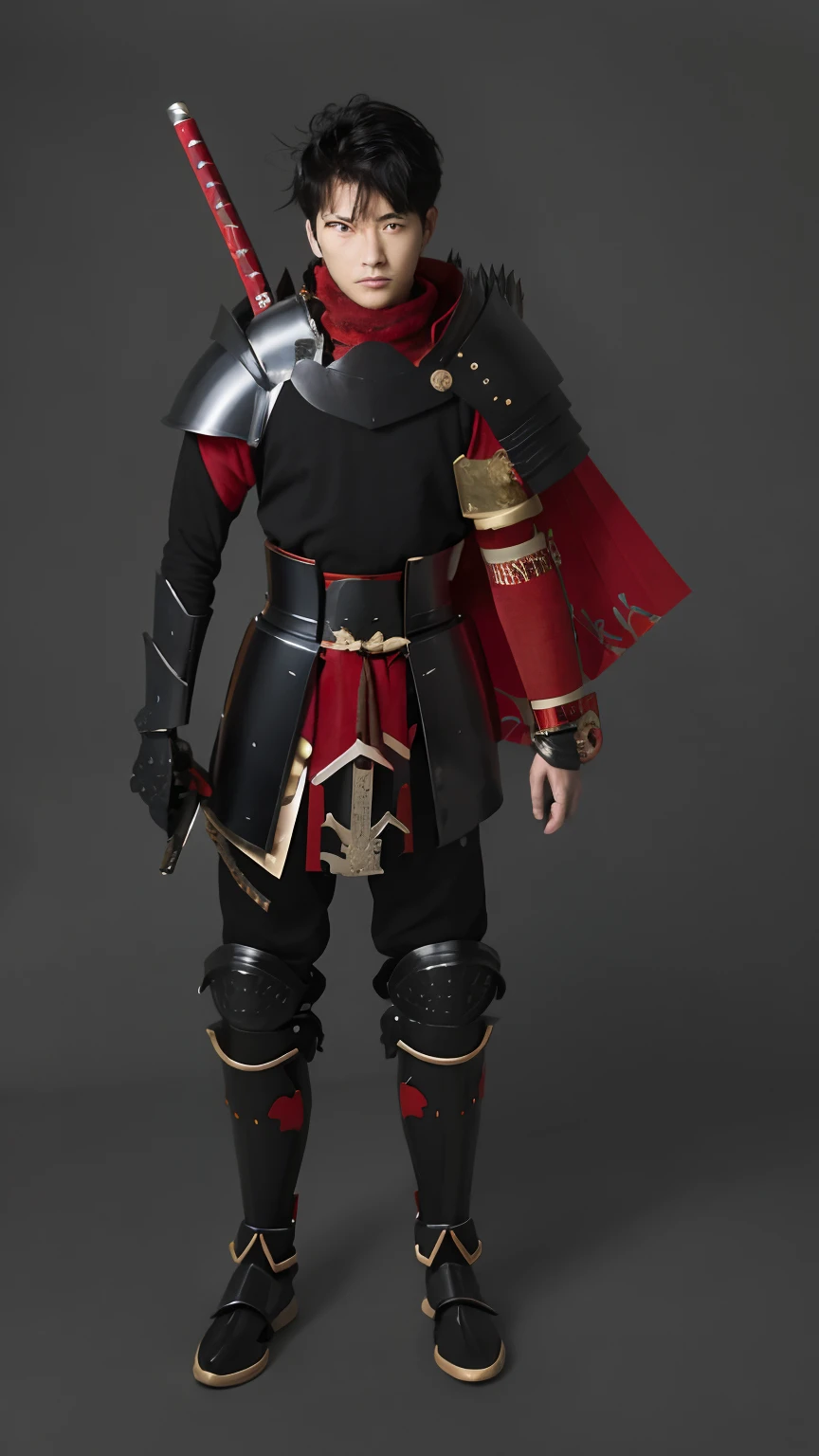 a close up of a japanese person in a black and red outfit holding a sword, black and reddish color armor, kitsune inspired armor, black and red reflected armor, warrior outfit, samurai outfit, black and red armor, black fire color reflected armor, ninja outfit, blacksmith's outfit, redwood forest themed armor, segmented armor and sashimono, confident knight's outfit