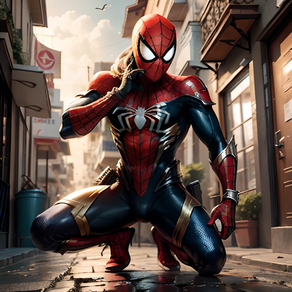 Spiderman in a virgo shaka armor, armored, shaka virgo, saint seya armor, luzes refletindo, hiper realista, hiper detalhado, melhor qualidade, qualidade superior, realista, detalhado, 8k, cinematic lighthing, greece scenary with Black dimonds