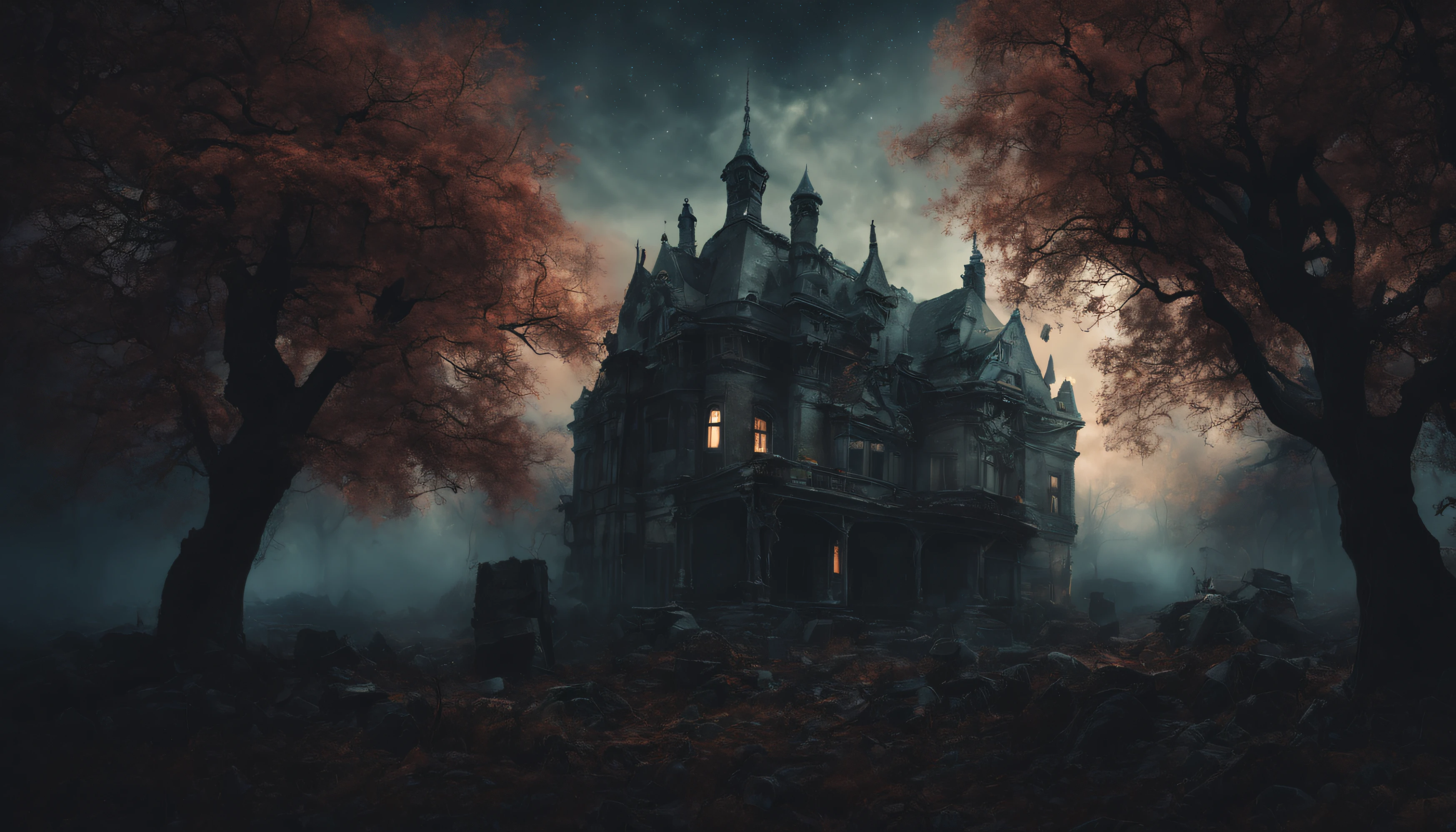 best quality,4k,8k,highres,masterpiece:1.2,ultra-detailed,realistic:1.37,haunted house,Lovecraftian,night sky,stars,mysterious atmosphere,dark clouds,surreal,gothic architecture,ominous shadows,misty fog,silhouette of trees,distant moon,creepy vibes,dreadful mystery,eerie stillness,never-ending darkness,unearthly presence,sense of foreboding,unfathomable horrors,cosmic terror,ancient Cthulhu,otherworldly creatures,unspeakable secrets,whispering winds,hauntingly beautiful,moonlit ruins,vivid colors,ethereal glow,eldritch symbols,menacing eyes,shapeless forms,lurking fear,unseen horrors,overwhelming sense of dread,overgrown vegetation,lone figure standing,moonlight illuminating,forbidden knowledge,lost in time