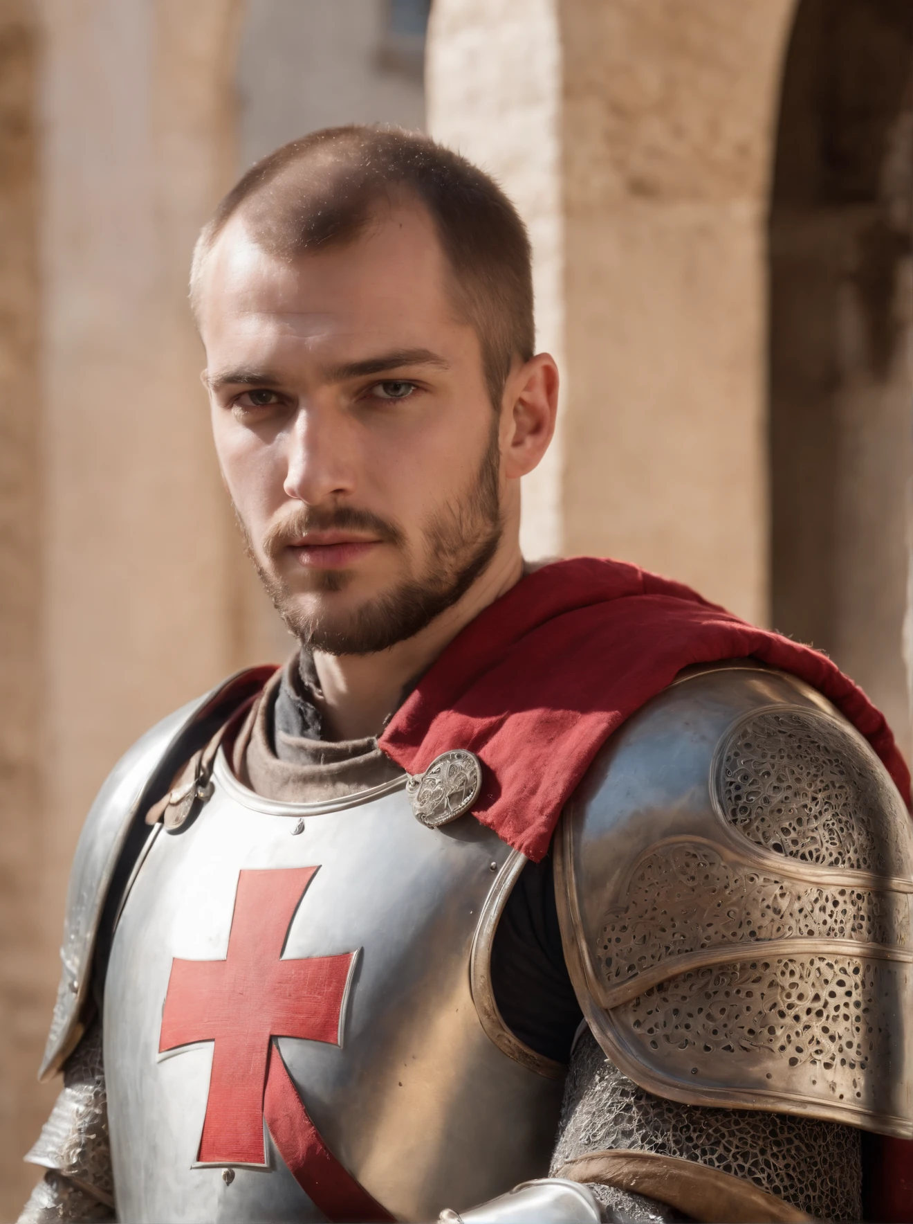 Highest quality, cinematic shot, photo of a (tough christian male Crusader of The Knights Templar), detailed facial features, buzz cut hair, long beard, serious expression, looking at viewer, (wearing lewd steel plate armor, red  cross patte on his chest:1.4), guarding a holy Christian temple in 1300s Jerusalem, toned body, muscled figure, V shaped, athletic, (detailed skin), fine details, natural lighting, sunlight, warm weather, [shadows], photographed on a Nikon D850, 50mm F/5.6 lens, ISO 100, HDR, 8k, highly detailed, sharp focus, Cinestill 800T, film still from Kingdom of Heaven, front view, eye focus, (full body:0.9)