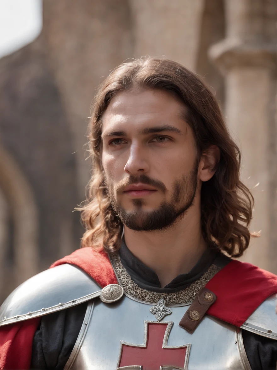 Highest quality, cinematic upper body shot, photo of a (tough christian male Crusader of The Knights Templar), detailed facial features, wavy jesus like hair, (long beard:1.3), serious expression, looking at viewer, (wearing lewd steel plate armor, red  cross patte on his chest:1.4), guarding a holy Christian temple in 1300s Jerusalem, toned body, muscled figure, V shaped, athletic, (detailed skin), fine details, natural lighting, sunlight, warm weather, [shadows], photographed on a Nikon D850, 50mm F/5.6 lens, ISO 100, HDR, 8k, highly detailed, sharp focus, Cinestill 800T, film still from Kingdom of Heaven, front view, eye focus, (full body:0.9), natural light, epic scene
