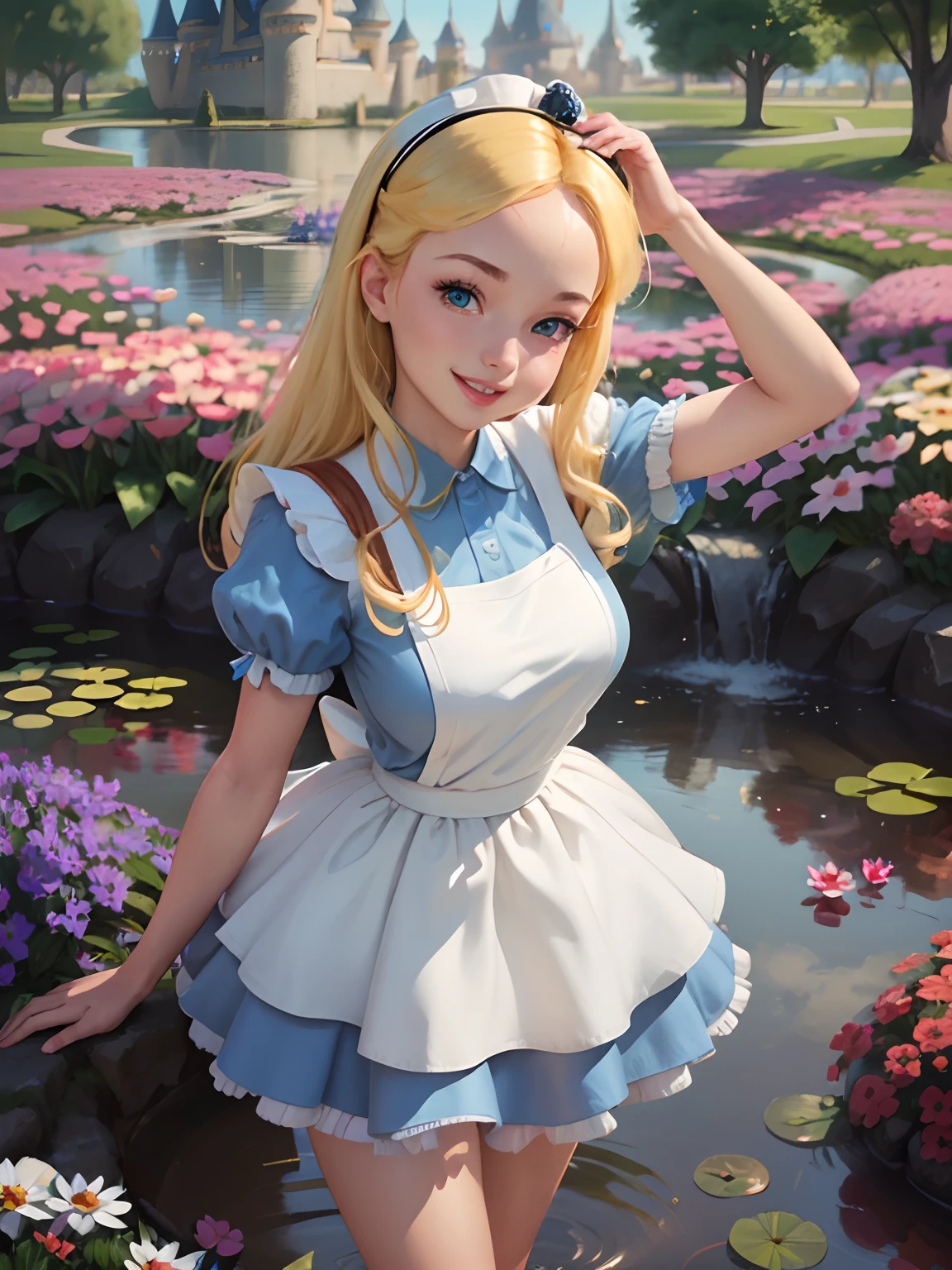 (masterpiece), (best quality), (extremely detailed), alice liddell, blue dress, white apron, black hairband, white long socks, cute pose, in a flower garden, (pond), (((disney castle at the background))), (blue sky), (sunny day), 3d. Illustration, Good Highlights, Perfect Proportions, dynamic, Professional, Award winning, (high detailed skin), (high detailed face), photorealistic, HDR, ultra highres, absurdres, perfect body shape, cute smiling, realistic figure, sexy posing, teaser standing, perfect breast