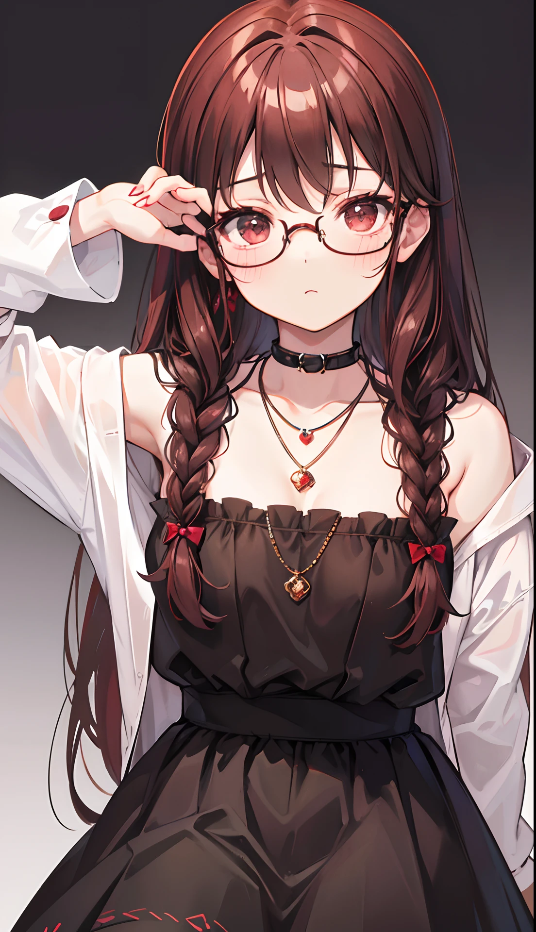 Reddish brown braided hair,With thick black-framed glasses,The eyes are very affectionate,With a cute black ring necklace,Lolita clothes in brown and red colors,The face is shiny and super tender,is a petite cute little sweet girl