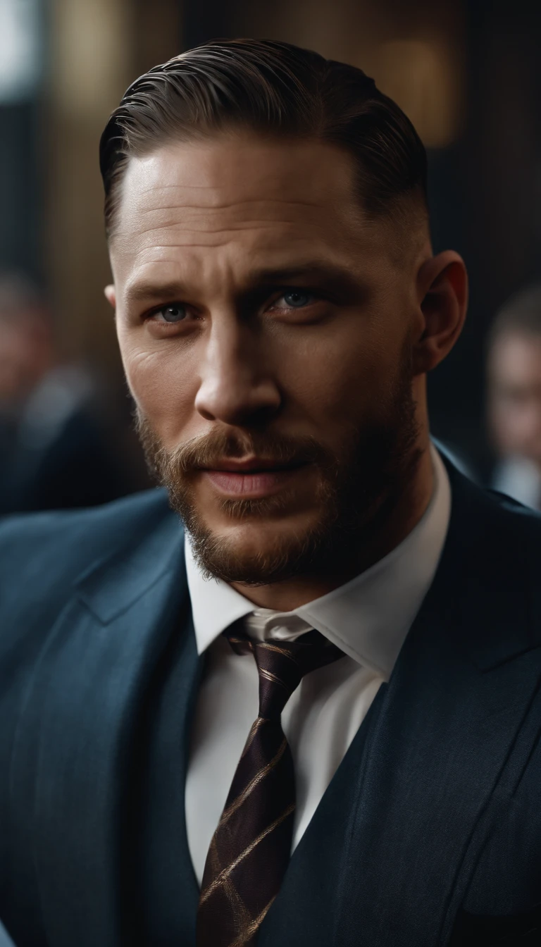 Detailed image of happiness, Tom Hardy smiled with his eyes open ,The look of a big guy in a suit and tie, 8K definition, Photorealistic rendering, Rich colors, using Cinema 4D.