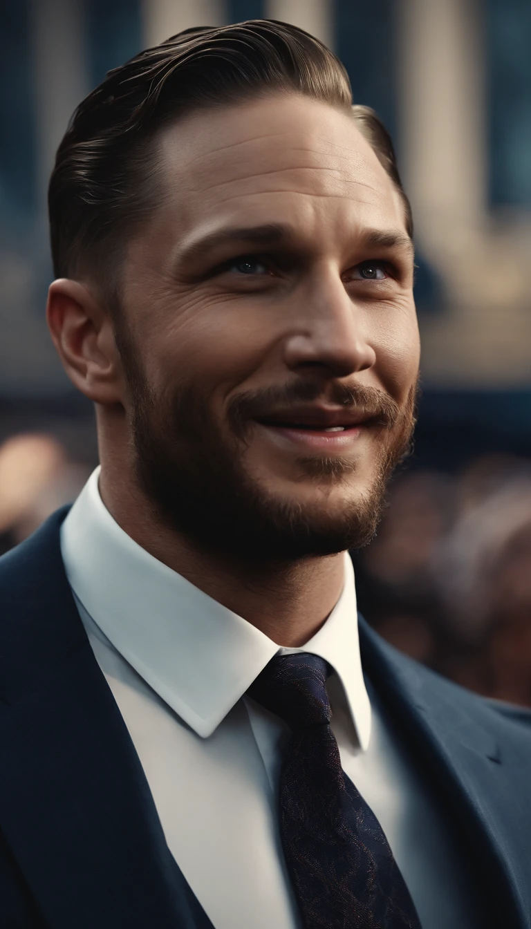 Detailed image of happiness, Tom Hardy smiled with his eyes open ,The look of a big guy in a suit and tie, 8K definition, Photorealistic rendering, Rich colors, using Cinema 4D.