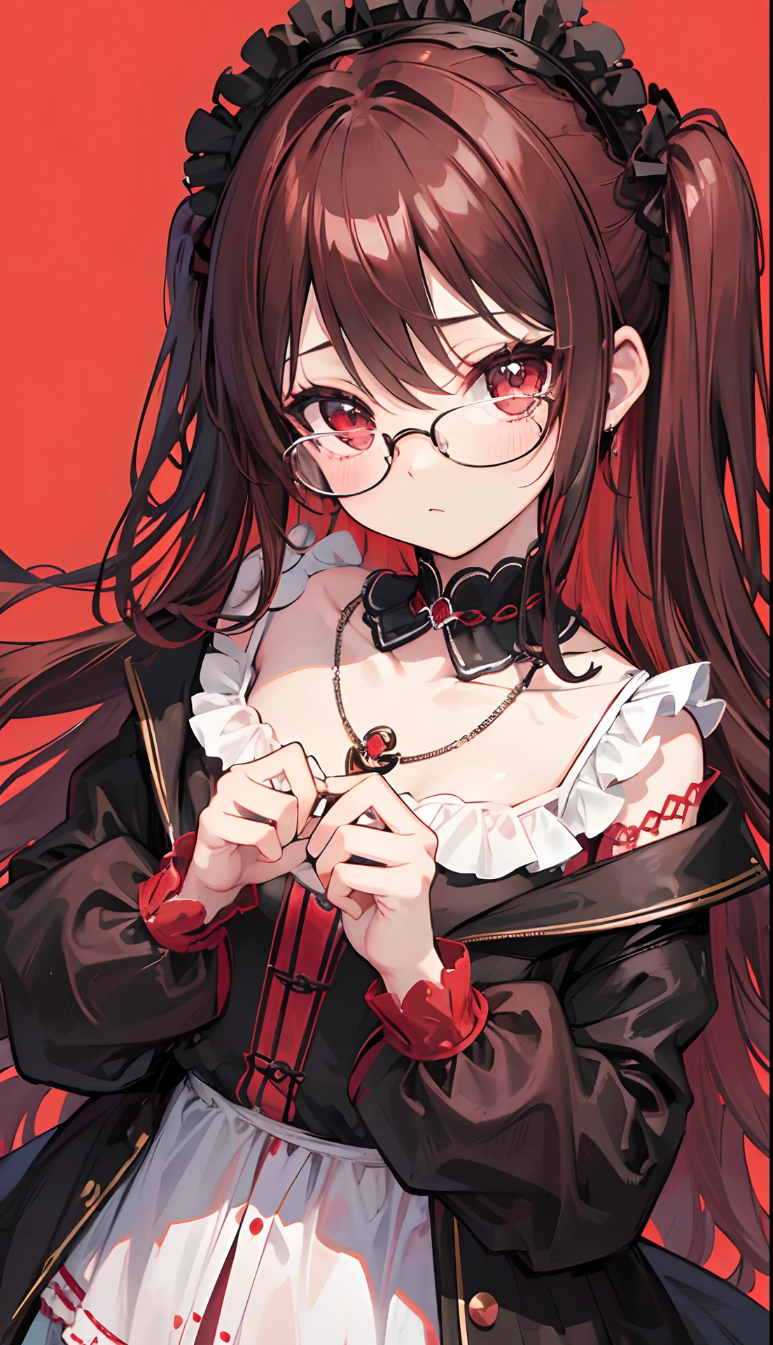 Reddish brown braided hair,With thick black-framed glasses,The eyes are very affectionate,With a cute black ring necklace,Lolita clothes in brown and red colors,The face is shiny and super tender,is a petite cute little sweet girl