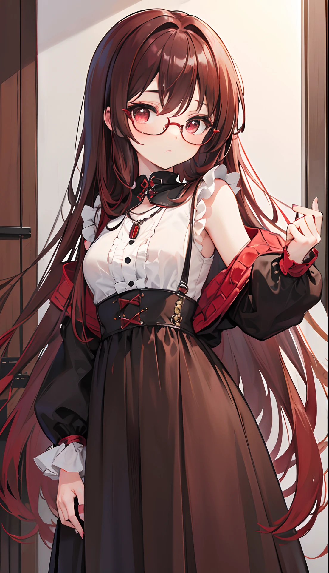 Reddish brown braided hair，With thick black-framed glasses，The eyes are very affectionate，With a cute black ring necklace，Lolita clothes in brown and red colors，The face is shiny and super tender，is a petite cute little sweet girl