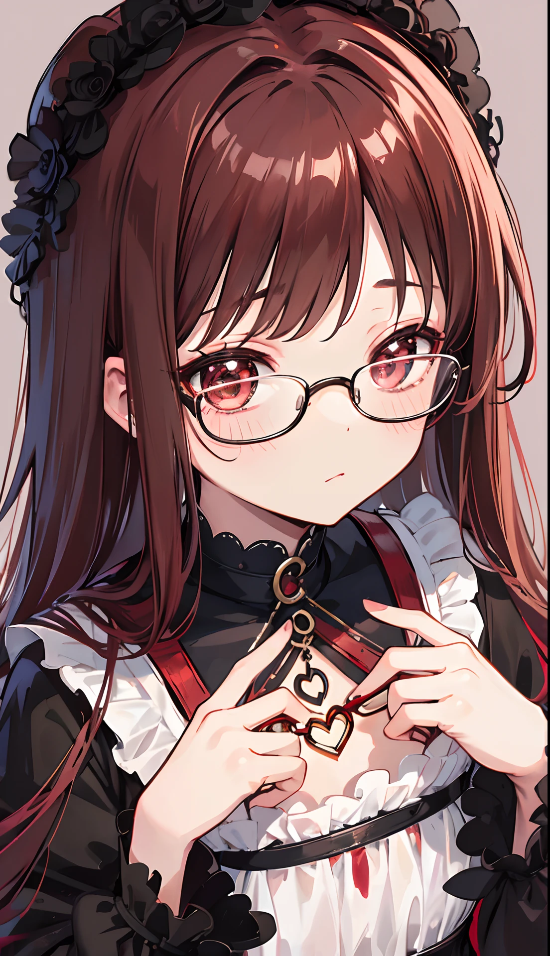 Reddish brown braided hair，With thick black-framed glasses，The eyes are very affectionate，With a cute black ring necklace，Lolita clothes in brown and red colors，The face is shiny and super tender，is a petite cute little sweet girl