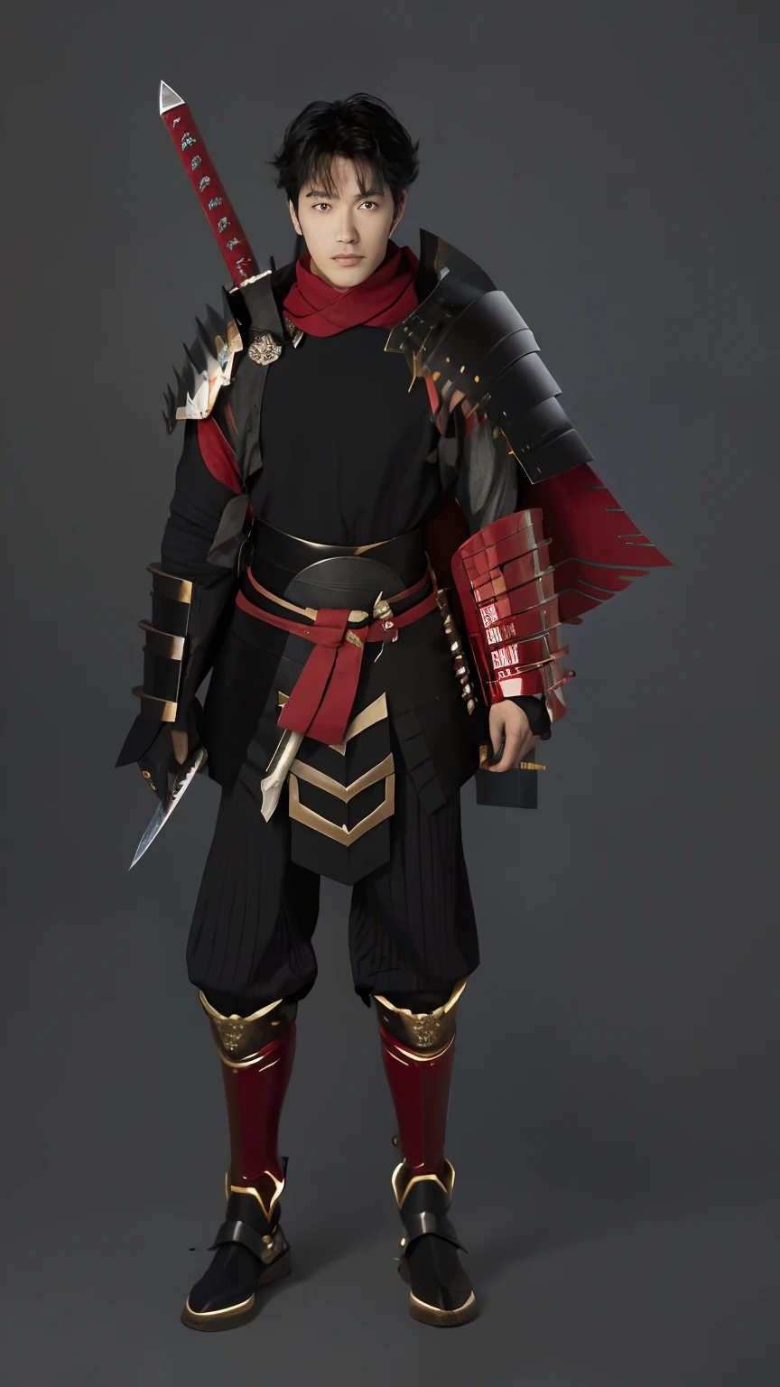 a close up of a japanese person in a black and red outfit holding a sword, long black hair, black and reddish color armor, kitsune inspired armor, black and red reflected armor, warrior outfit, samurai outfit, black and red armor, black fire color reflected armor, ninja outfit, blacksmith's outfit, redwood forest themed armor, segmented armor and sashimono, confident knight's outfit