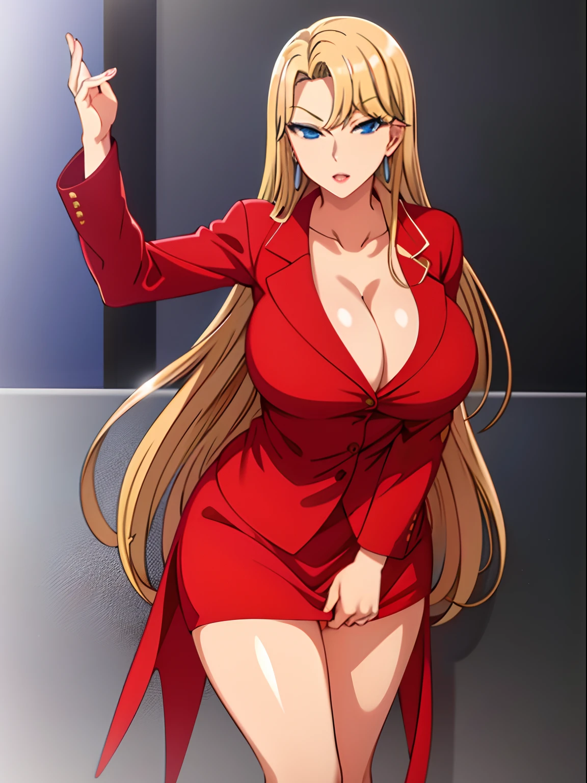 masterpiece, best quality, 1girl, solo, milf, gigantic breasts,blonde hair, arm behind, red jacket, reika kurashiki, blonde hair, blue eyes, perfect face, perfect body, perfect finger, full body,
