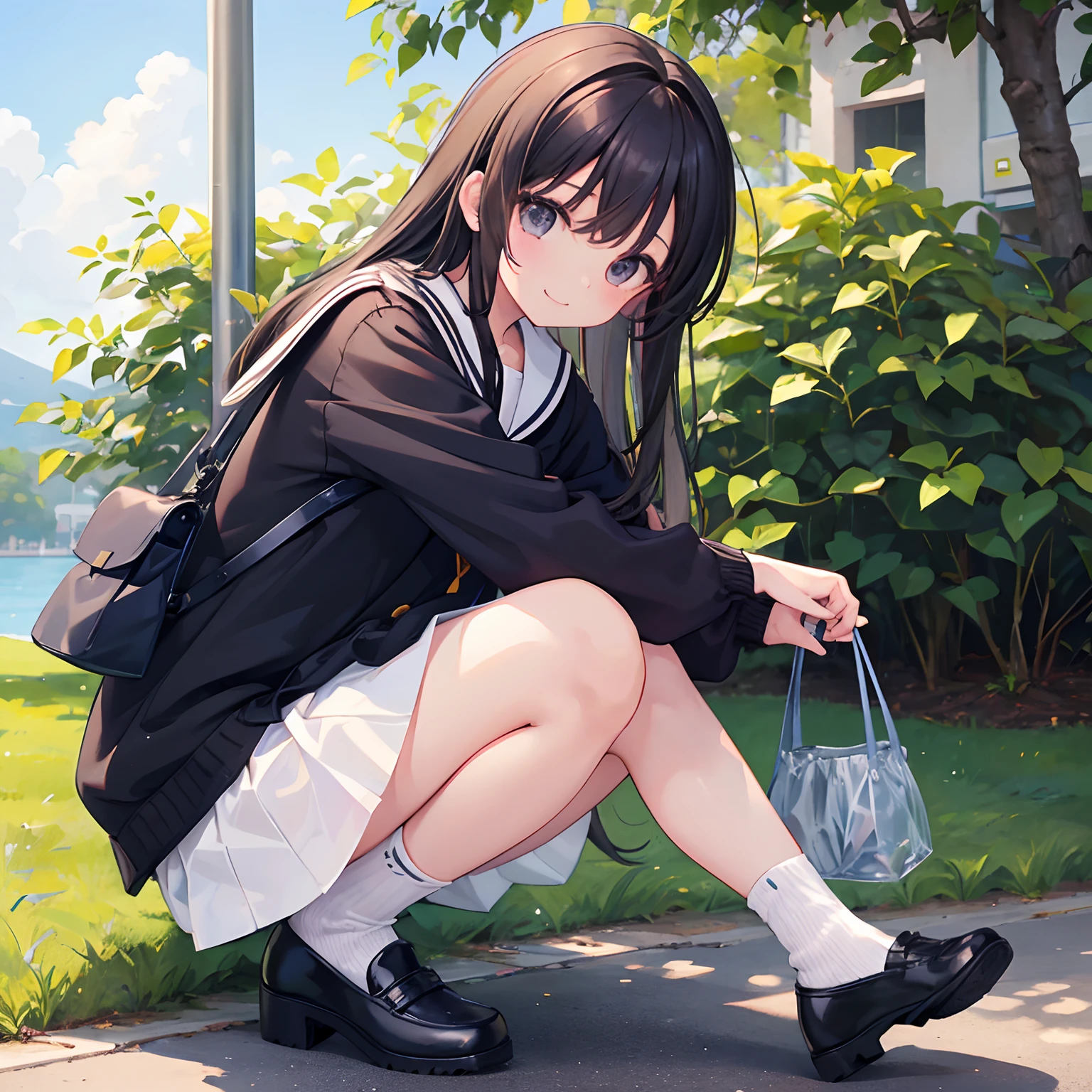 1girl in、1 persons、Dark hair、The long-haired、Black eyes、stroll、a sailor suit、校服、Wagas、verdant、crouching down、Sit up、Cardigan、stroll、ami、A smile、laught、Daytime、Shoulder bag、a miniskirt、Leather shoes、sockes、bustshot