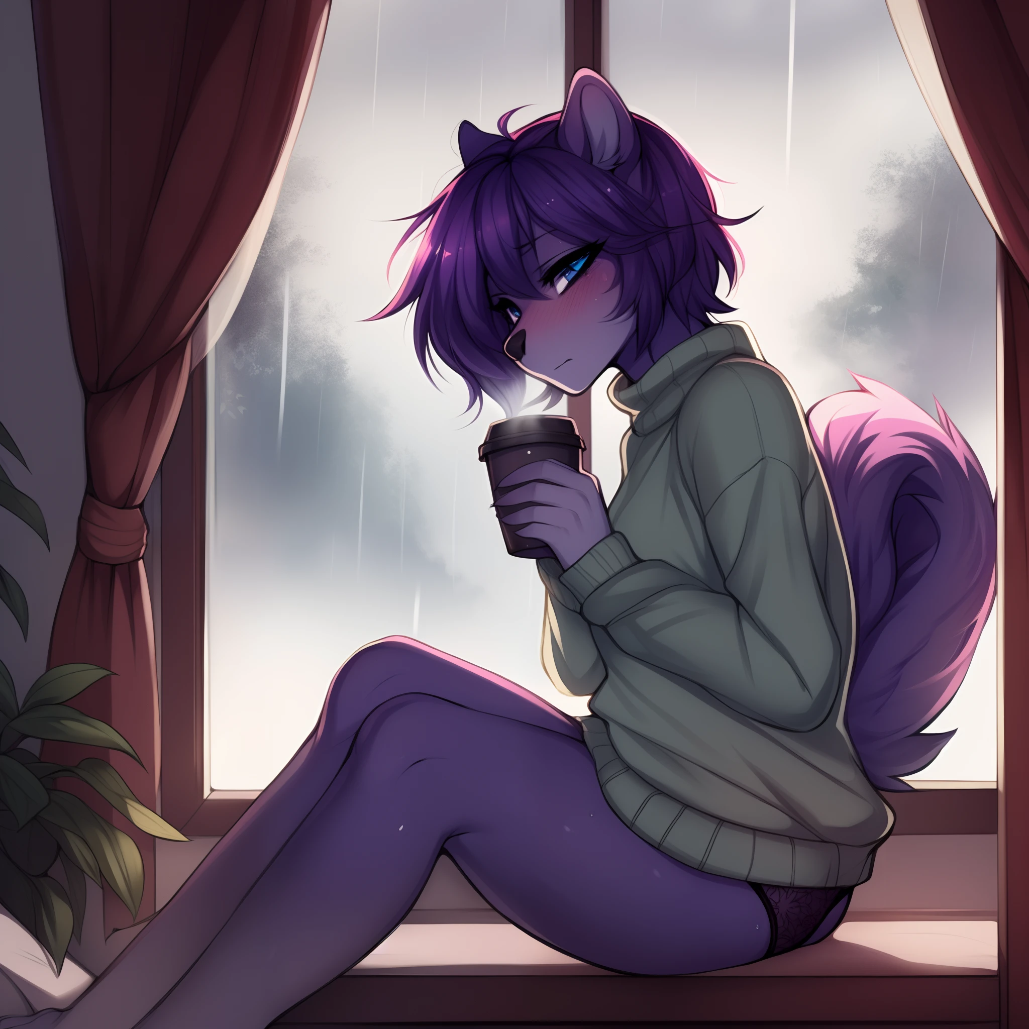 Solo:1.3, purple furry squirrel girl, purple hair, purple furry body, blue eyes, black nose, snout, small tail, wearing black baggy sweater, black panties, bare legs, sitting by a window, holding a cup of coffee, heavy rain outside, rain visible through window, storm outside, blushing, content face, by hyattlen, by fumiko, by claweddrip