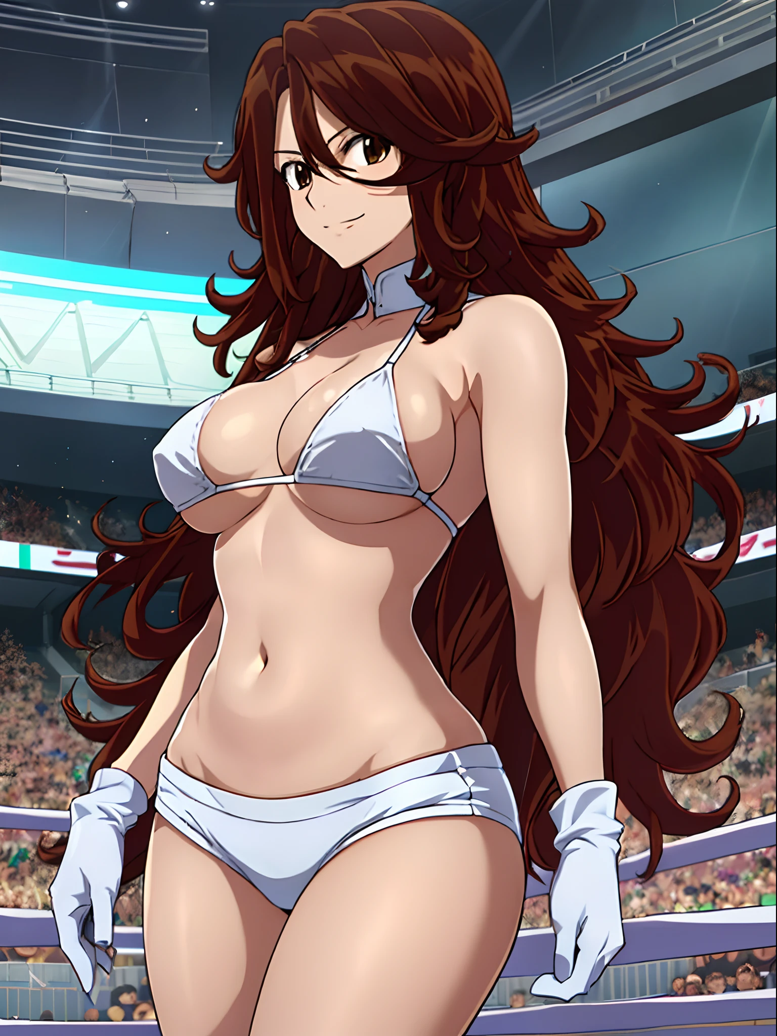 cowboy shot, upper body view, anime style: 1.8, anime drawing, ultra detailed face, ultra detailed body, ultra detailed hair, 4k, Sumergai Lee Noriega, (standing), best quality, anime style, hires, highest definition, digital blending, bold drawing lines, ((slender body, female wrestler), (location: wrestling arena, crowds watching), (weak body, tall, slender body, broad shoulders, slim arms, little biceps, thighs, long belly), ((white micro bikini, shorts, groin, white boots, white gloves, collar)), , smile, , (big breasts), (big eyes, brown eyes), (warming up), (brown hair, loose hair, curly hair, wavy hair, long hair, missy hair), 27 years old,