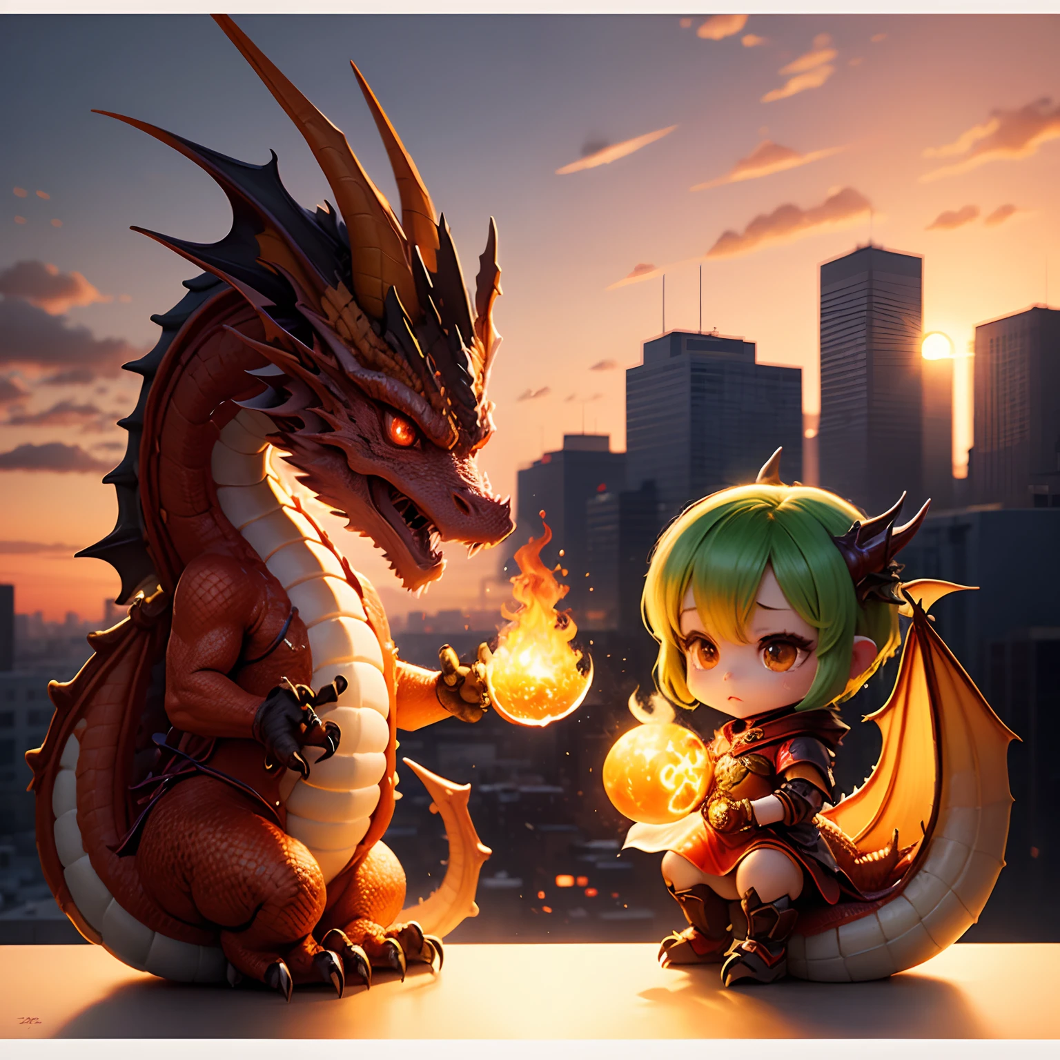 masterpiece、top-quality、ultra-detailliert、(Chibi Orange Dragon:1.2)、Orange scales、Spit out orange flame、down town、Sparkling sunset