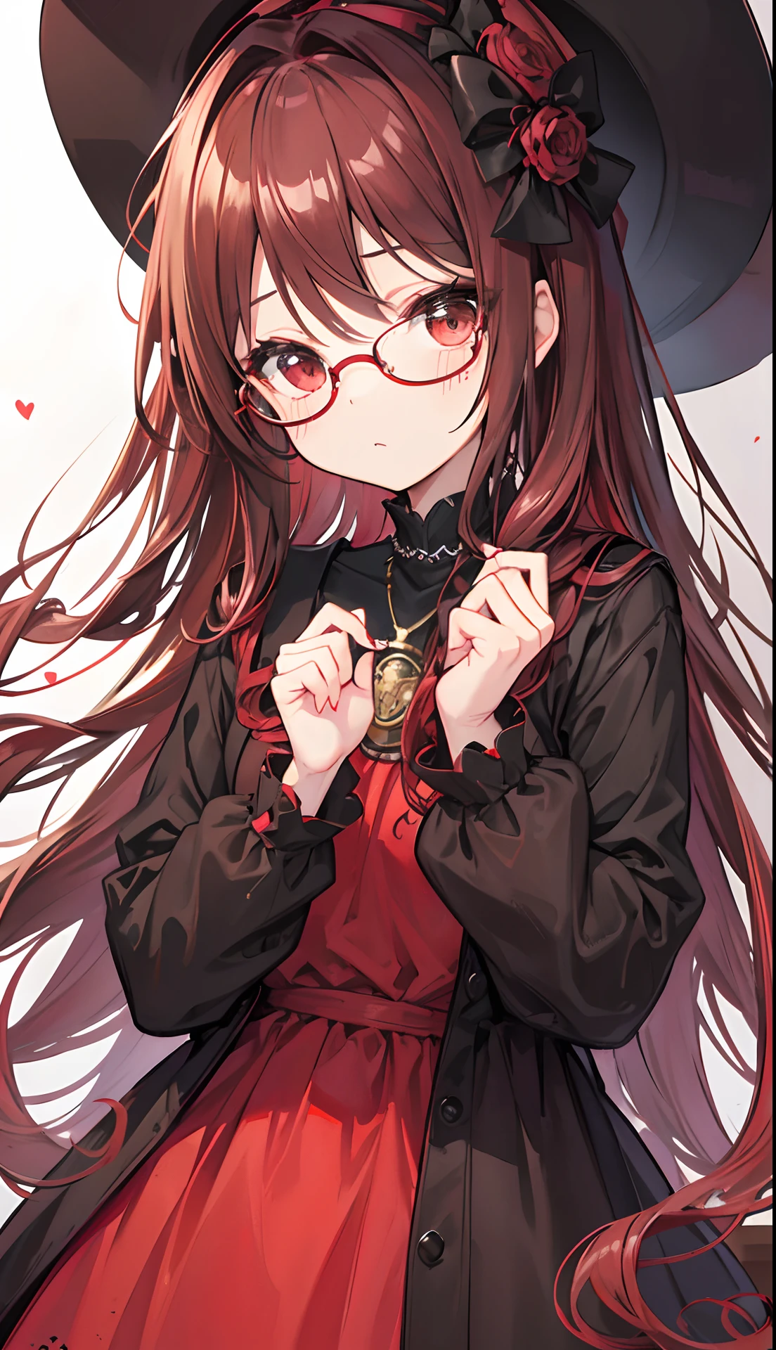 Reddish brown braided hair，With thick black-framed glasses，The eyes are very affectionate，With a cute black ring necklace，Lolita clothes in brown and red colors，The face is shiny and super tender，is a petite cute little sweet girl