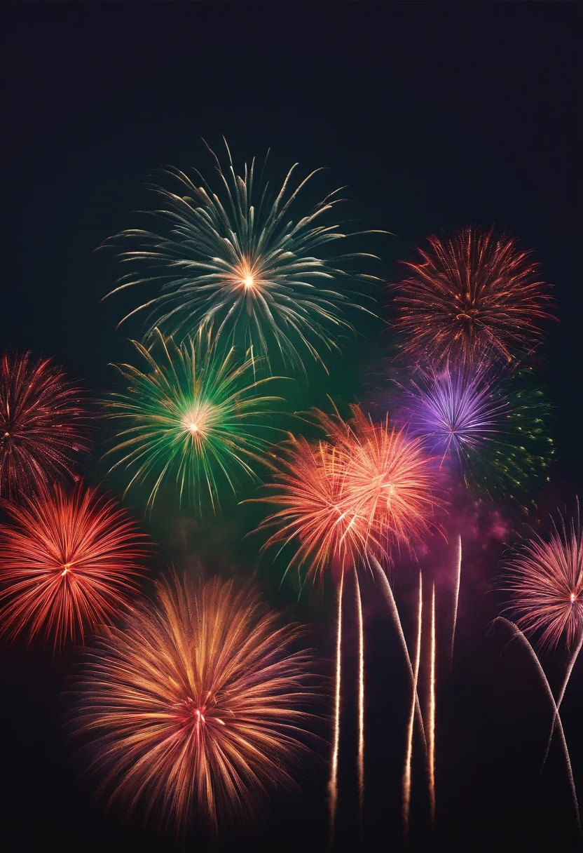 "Fireworks theme、The main color is a shining orange、Secondary color is bright red、amarelo、pink there、verdant、green grass、Uses the vivid color of purple、Incorporate white texture into the background、In an illustrative style、With curves and radial lines、Expresses the explosion of fireworks of various colors、Draw a beautiful fireworks display in the night sky。"